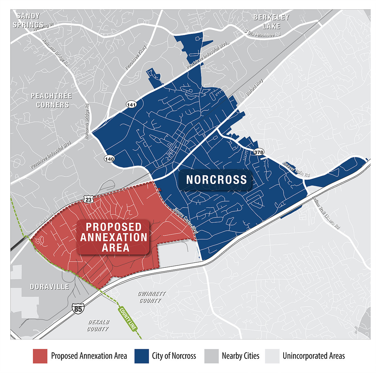 The original annexation plan that failed to pass the Georgia Senate in 2019 would add about 6,000 residents and hundreds of businesses into the city limits. (Courtesy City of Norcross)
