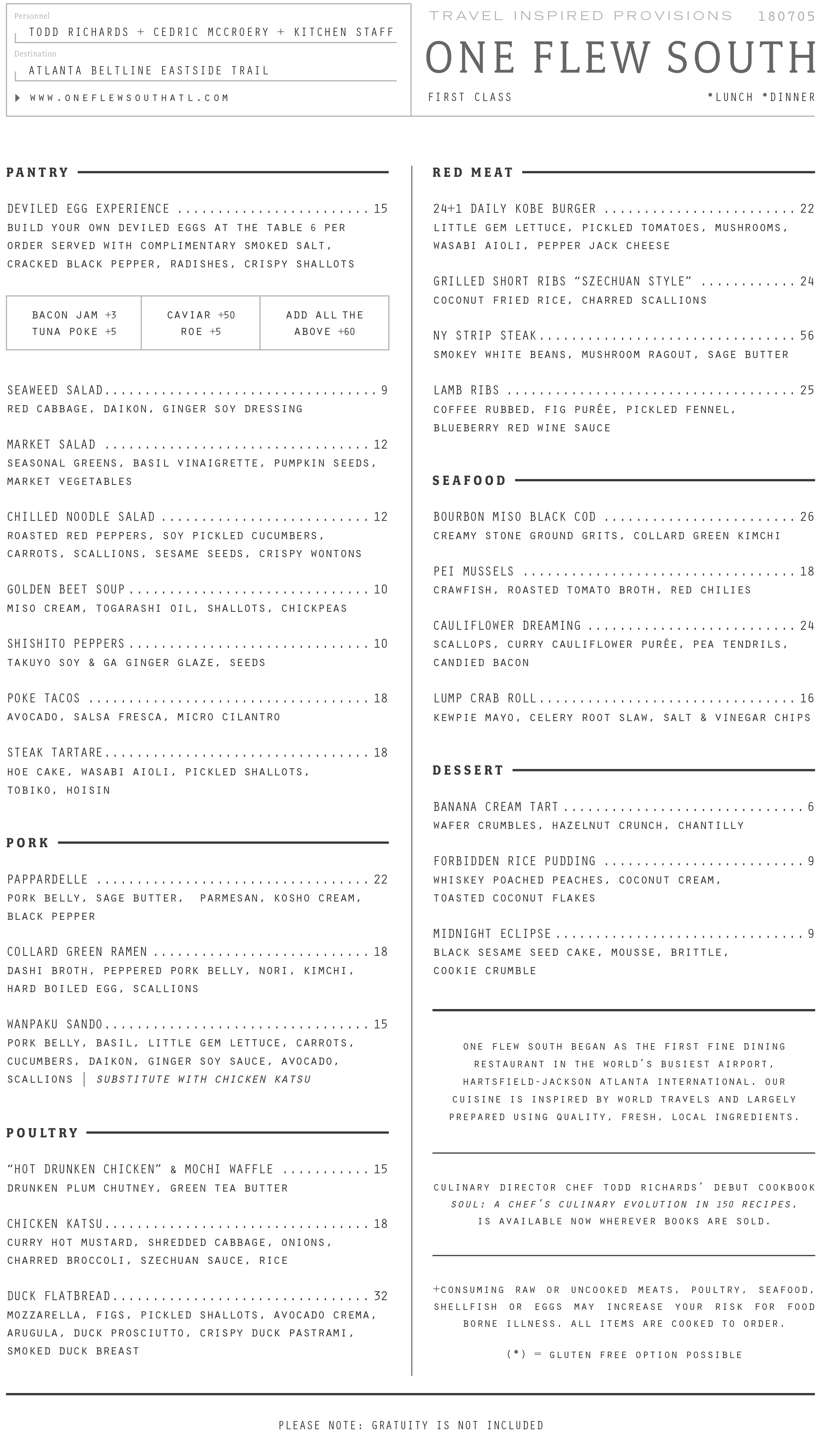 Menu for One Flew South