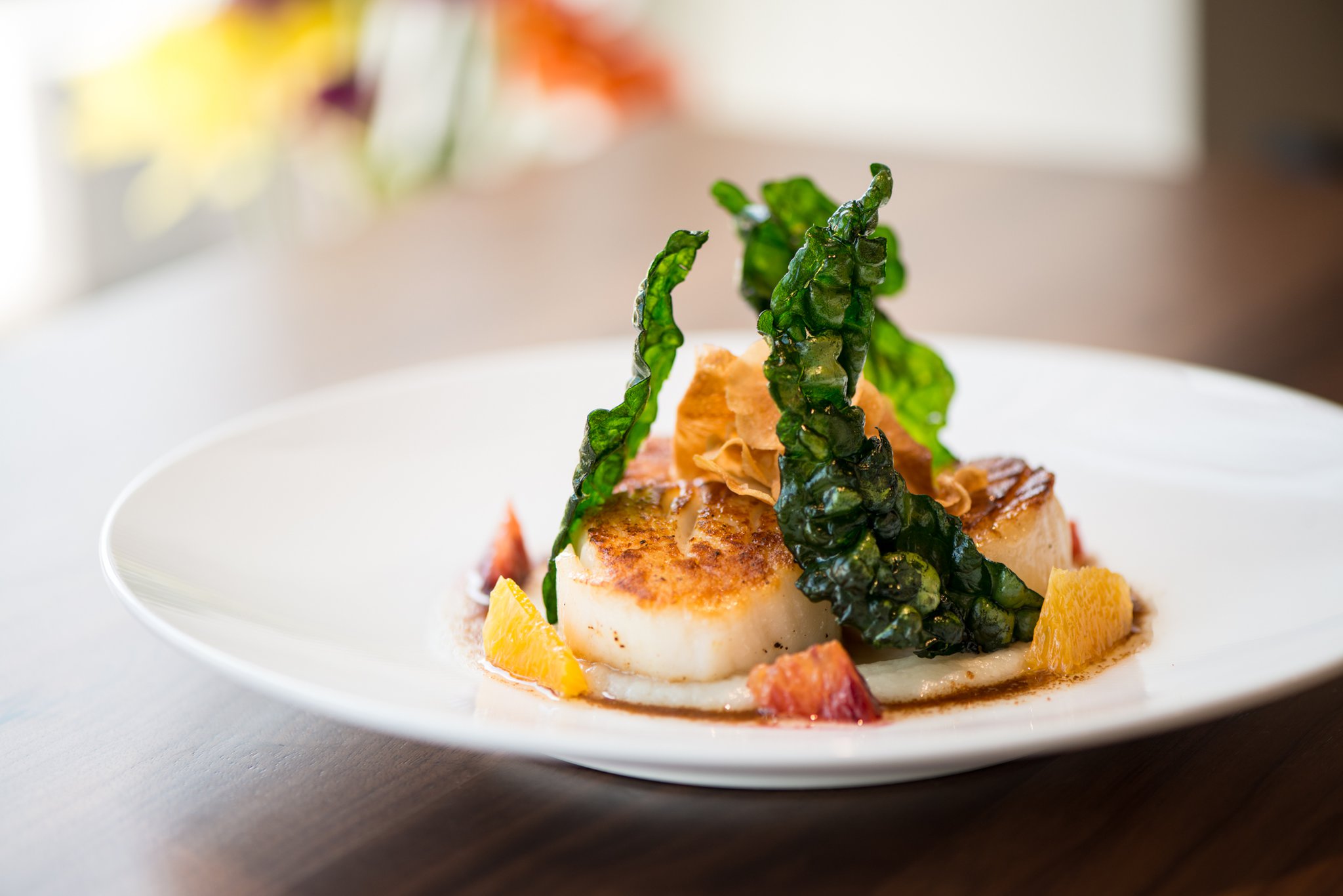 Maine Sea Scallops with sunchoke, kale, and blood orange. Photo credit- Mia Yakel.