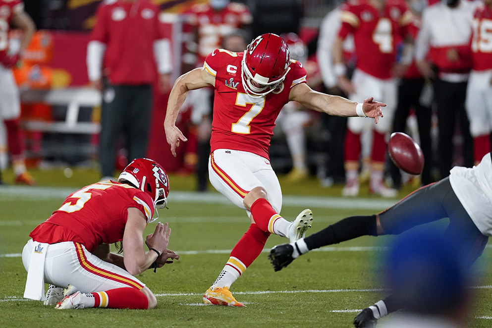 Kansas City Chiefs kicker Harrison Butker kicks a 49-yard field goal for the first points of Super Bowl 55 Sunday, Feb. 7, 2021, against the Tampa Bay Buccaneers in Tampa, Fla. (Ashley Landis/AP)