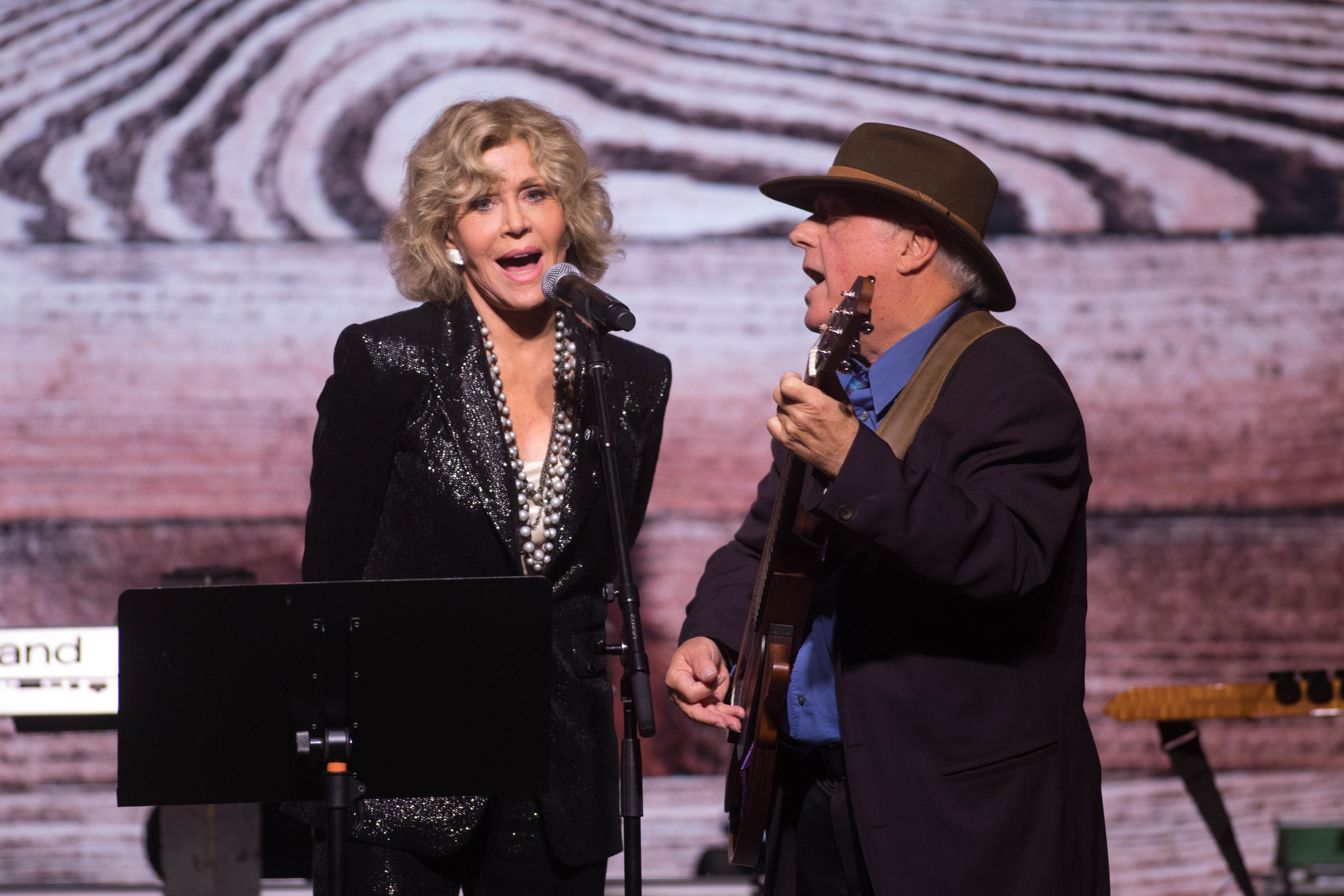 Jane Fonda and Jim Averitt sing to Ted Turner during Turner's 80th birthday party at the St. Regis Atlanta hotel, Saturday, Nov. 17, 2018. (Photo: BRANDEN CAMP/SPECIAL TO THE AJC)