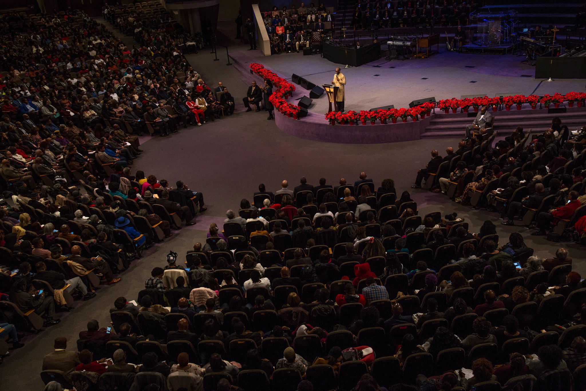 Nearly every chair was filled in New Birth Missionary Baptist’s 10,000-seat sanctuary when new Senior Pastor Jamal Bryant delivered his inaugural sermon earlier this month. Membership had declined from a high of 25,000 to 10,000 after an onslaught of scandals and lawsuits began to strike the church a decade ago. STEVE SCHAEFER / SPECIAL TO THE AJC
