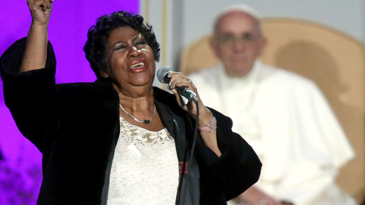 Aretha Franklin performs at the Festival of Families as Pope Francis watches on Sept. 26, 2015, in Philadelphia.