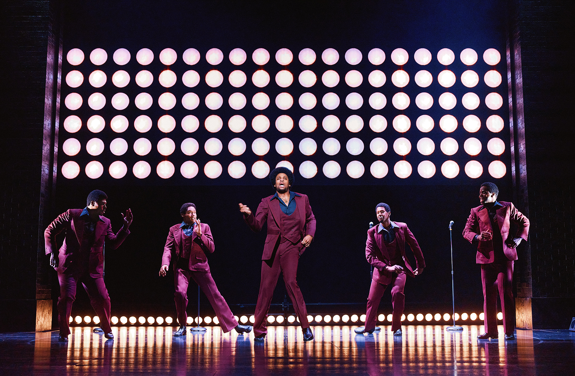 From left, Harrell Holmes Jr., Jalen Harris, Harris Matthew, Marcus Paul James, James T. Lane play the Temptations in “Ain’t Too Proud” at the Fox Theatre.
Courtesy of Emilio Madrid.