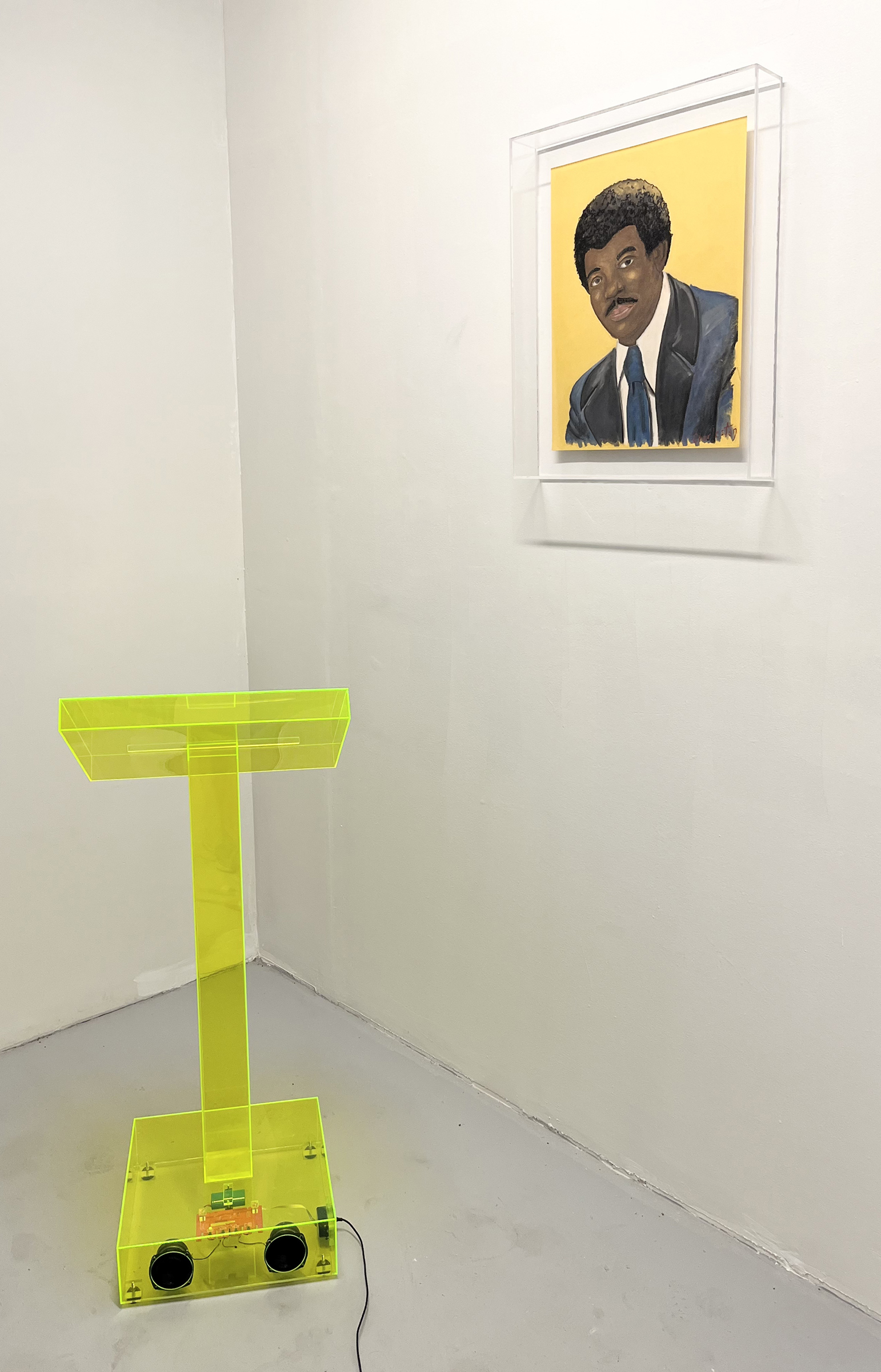 "Blood James (BOJ)" mixed media installation with plexiglass podium, plexiglass frame, pastel on paper and audio recording by the artist.  (Courtesy of Final Project Space)