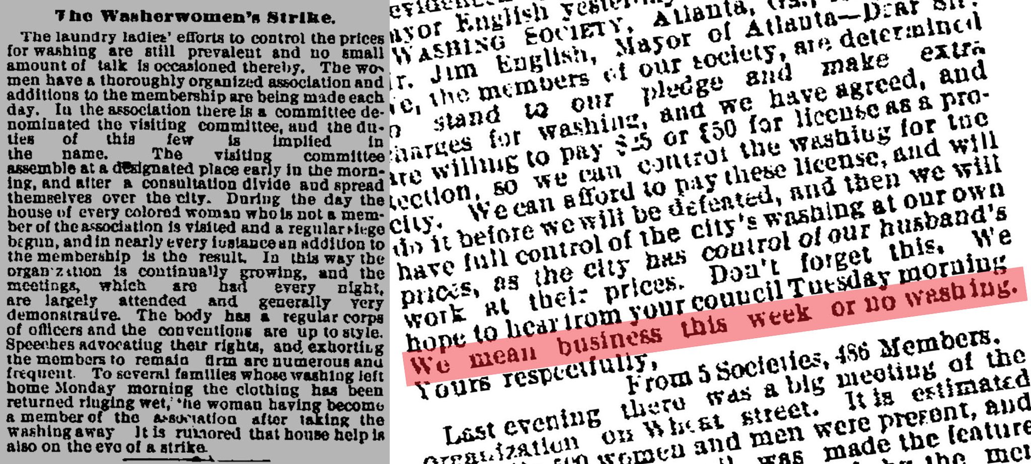Two Atlanta Constitution articles during the Washer Women’s Strike of 1881: The article on the left, from July 21, reports on the early days of the strike. The excerpt on the right, from Aug. 3, includes a letter that the women wrote to Mayor Jim English.
