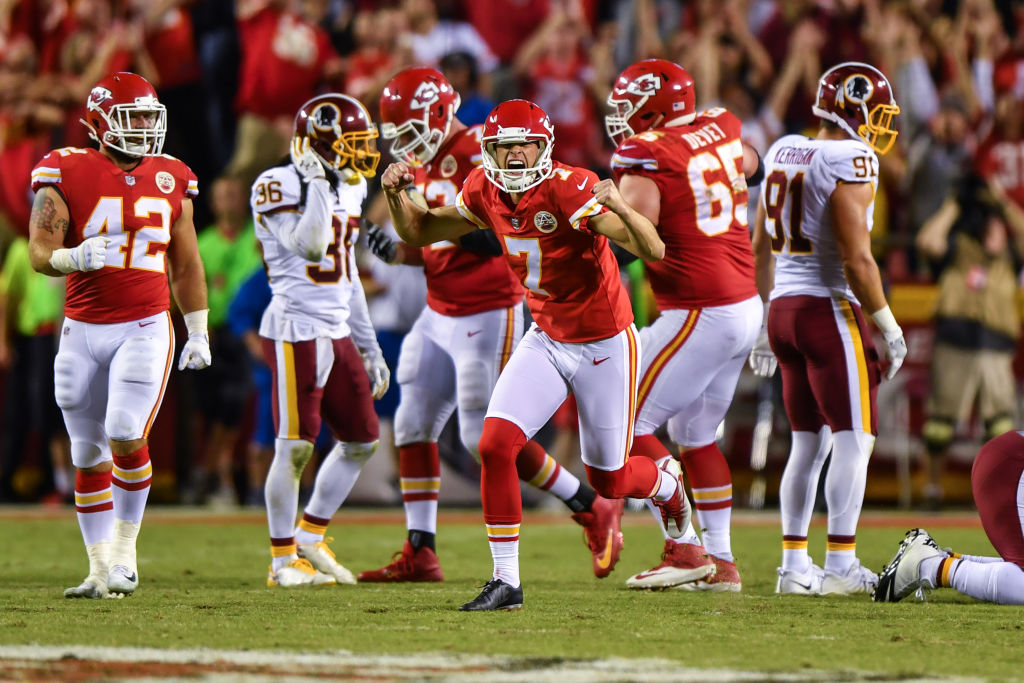 Harrison Butker of the Kansas City Chiefs warms up before Super