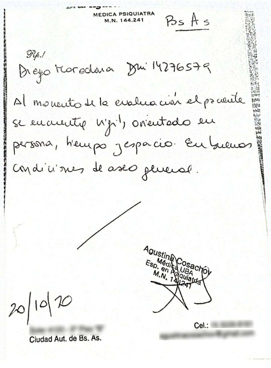 El certificado trucho que firmó la psiquiatra de Diego Maradona: el  documento que la incrimina | TN