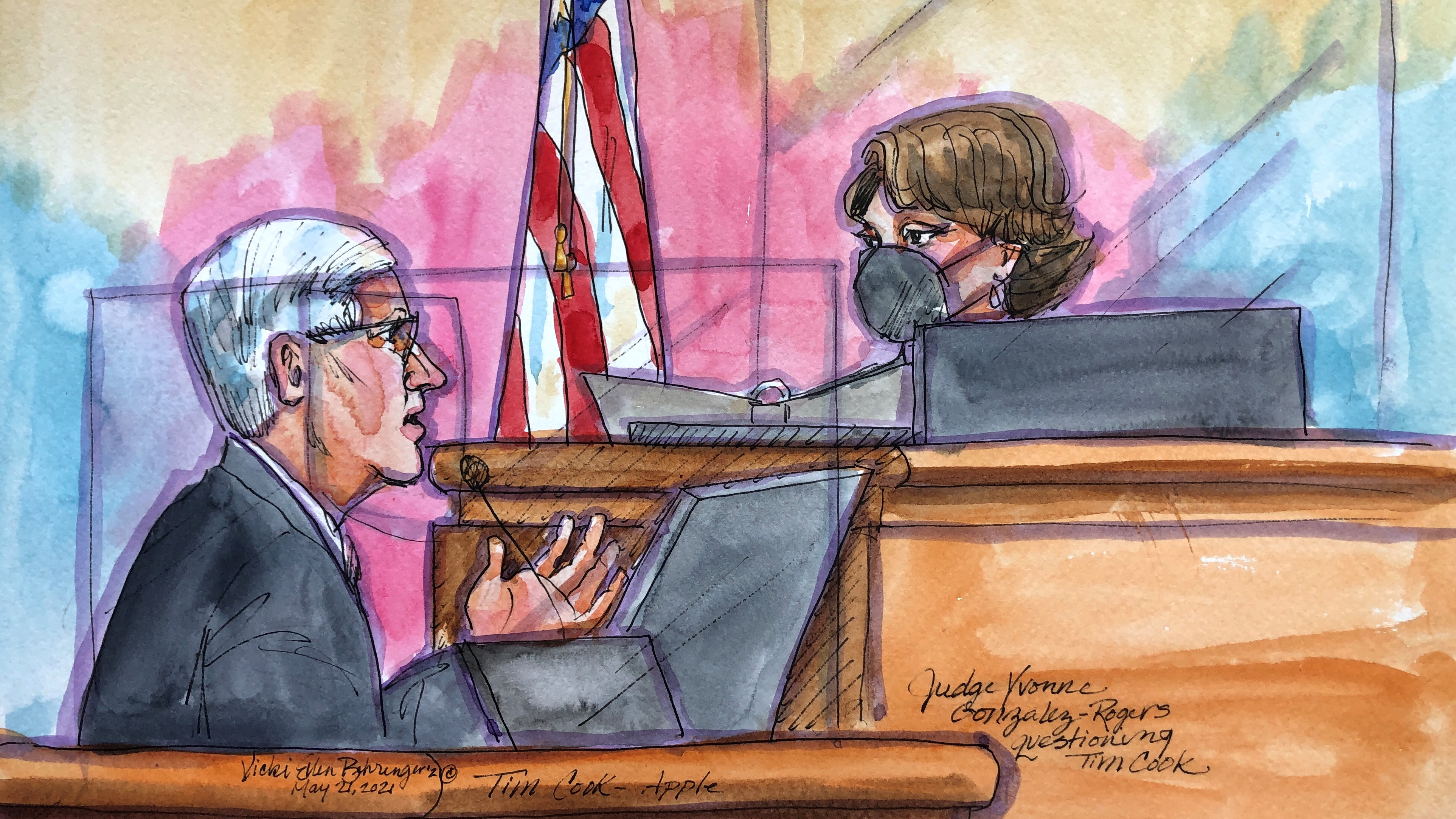 En este boceto, el director ejecutivo de Apple, Tim Cook, es interrogado por la jueza Yvonne González Rogers mientras testifica en el estrado durante un juicio antimonopolio de varias semanas en un tribunal federal en Oakland, California.