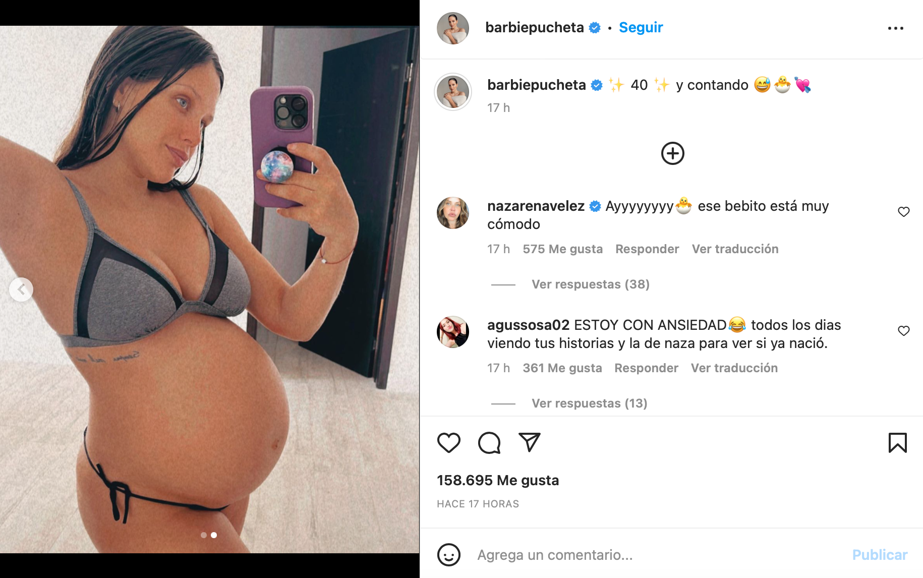 Barbie Vélez llegó a las 40 semanas de embarazo y compartió una foto de su panza. Fuente: Instagram.