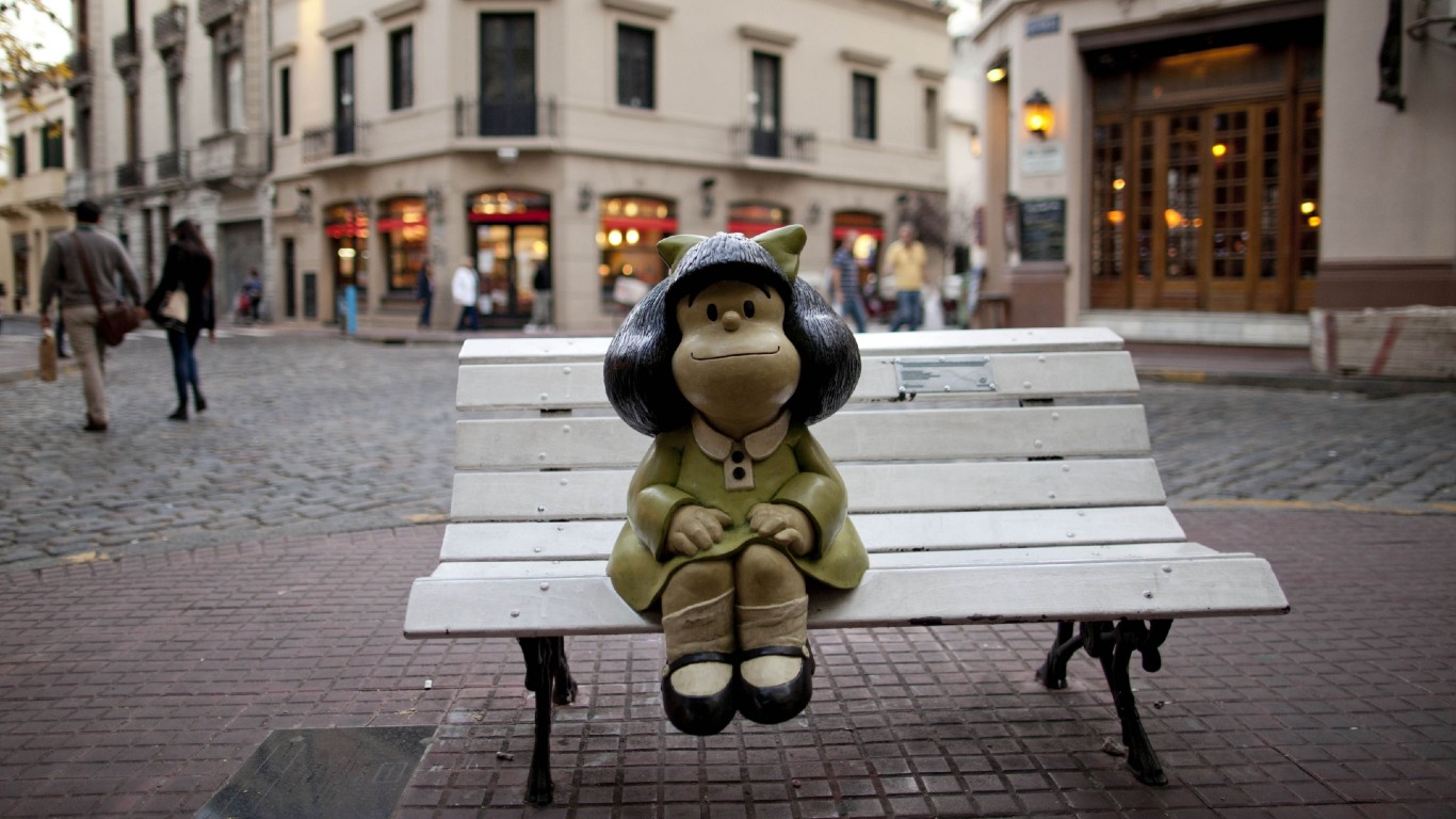 Mafalda, sentada en un banco de Buenos Aires.