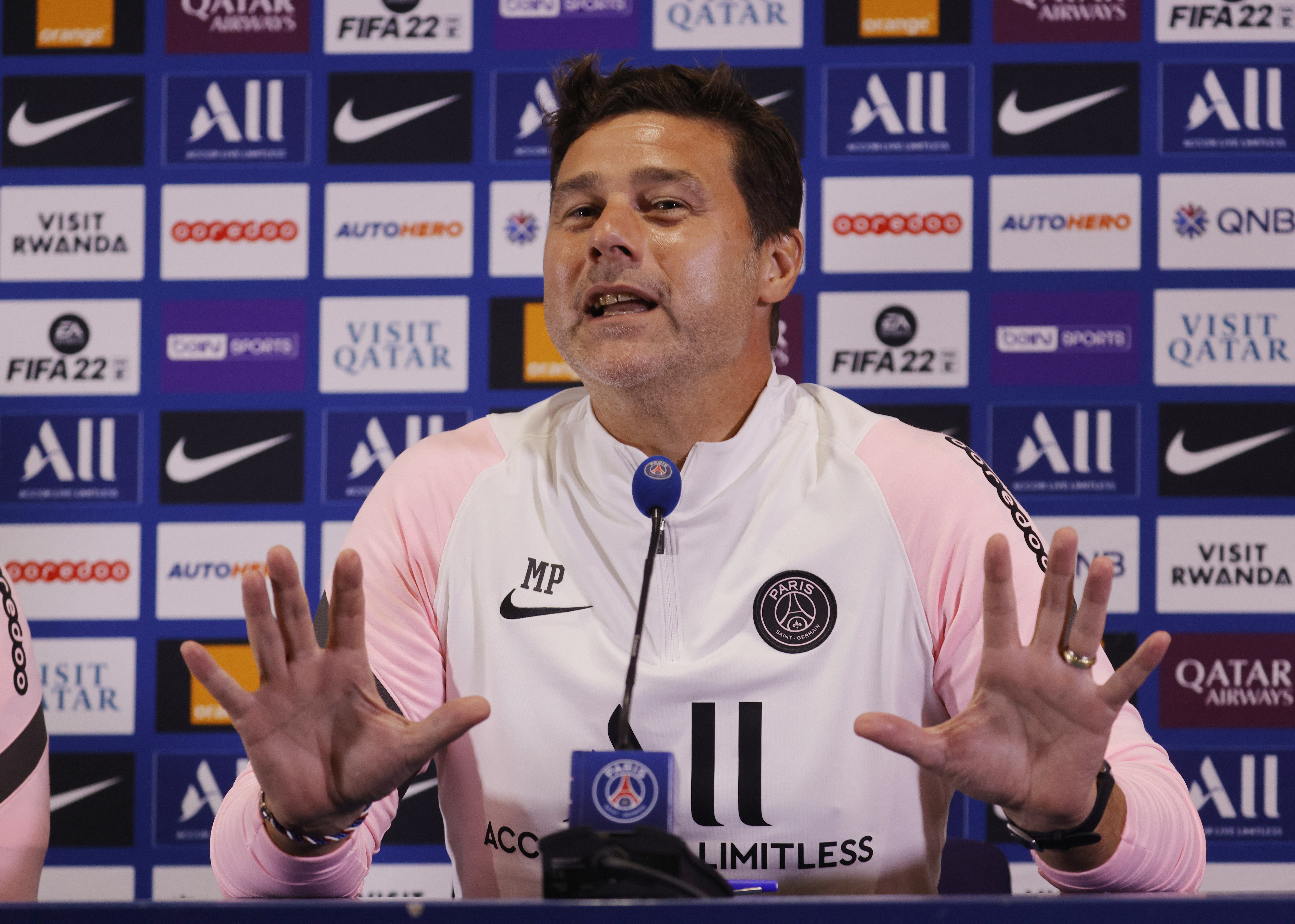 Soccer Football - Paris St Germain Press Conference - Ooredoo Training Centre, Saint-Germain-en-Laye, France - August 13, 2021 Paris St Germain coach Mauricio Pochettino during the press conference REUTERS/Pascal Rossignol