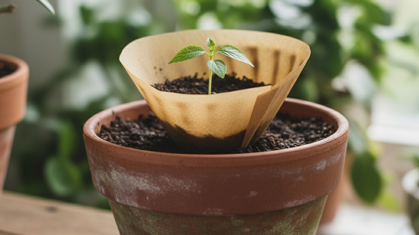 Young plant growing in a coffee-filter-lined flower pot