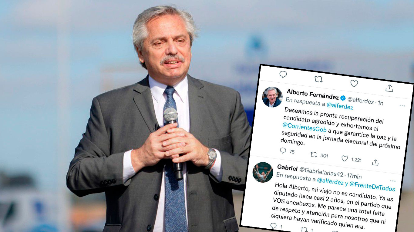 Alberto Fernández cometió un error en Twitter y el hijo del diputado baleado salió a cuestionarlo. (Foto: Télam / Captura de Twitter)