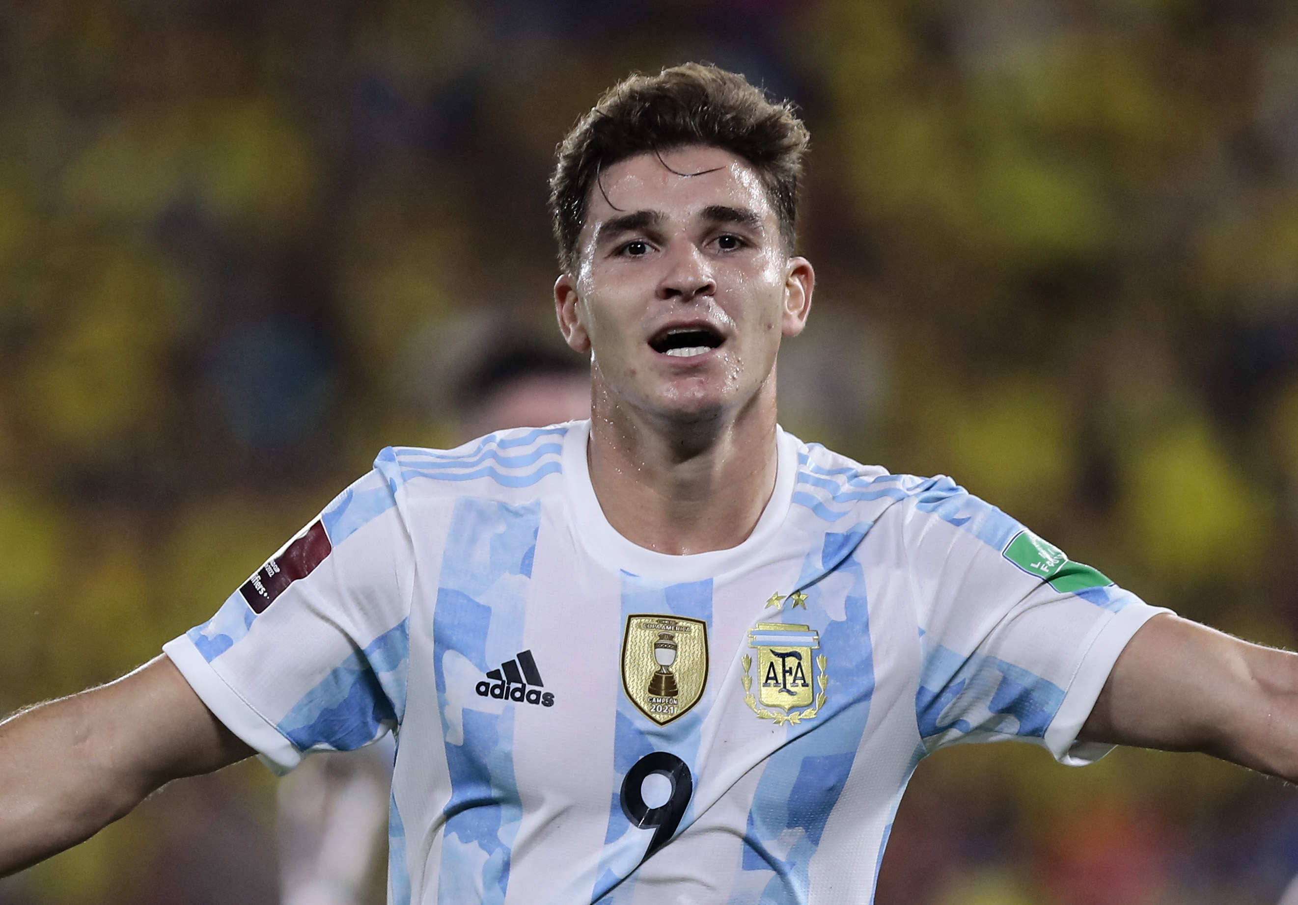 Soccer Football - World Cup - South American Qualifiers - Ecuador v Argentina - Estadio Monumental Banco Pichincha, Guayaquil, Ecuador - March 29, 2022 Argentina's Julian Alvarez celebrates scoring their first goal Pool via REUTERS/Franklin Jacome