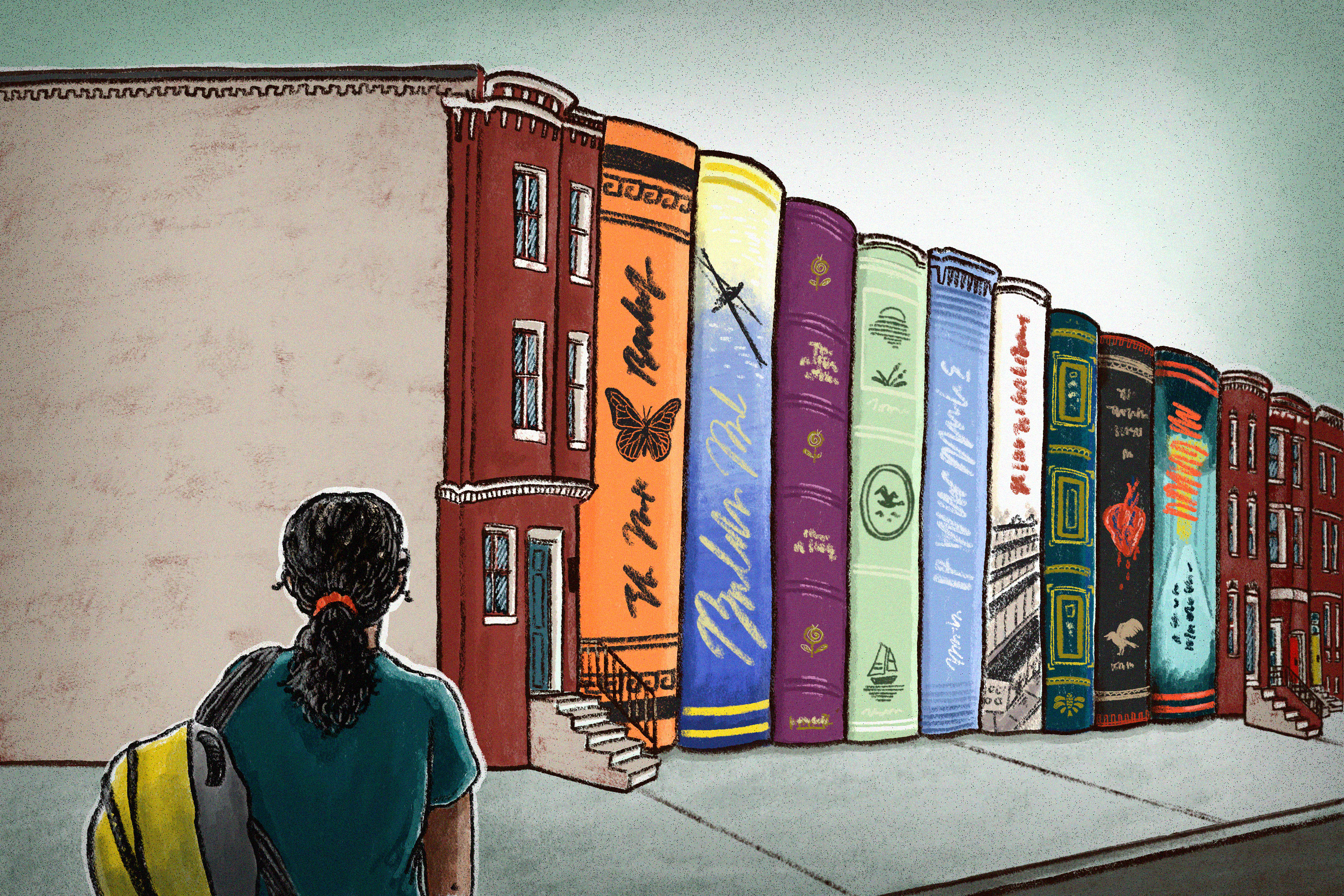 Photo illustration of block of books in Baltimore City