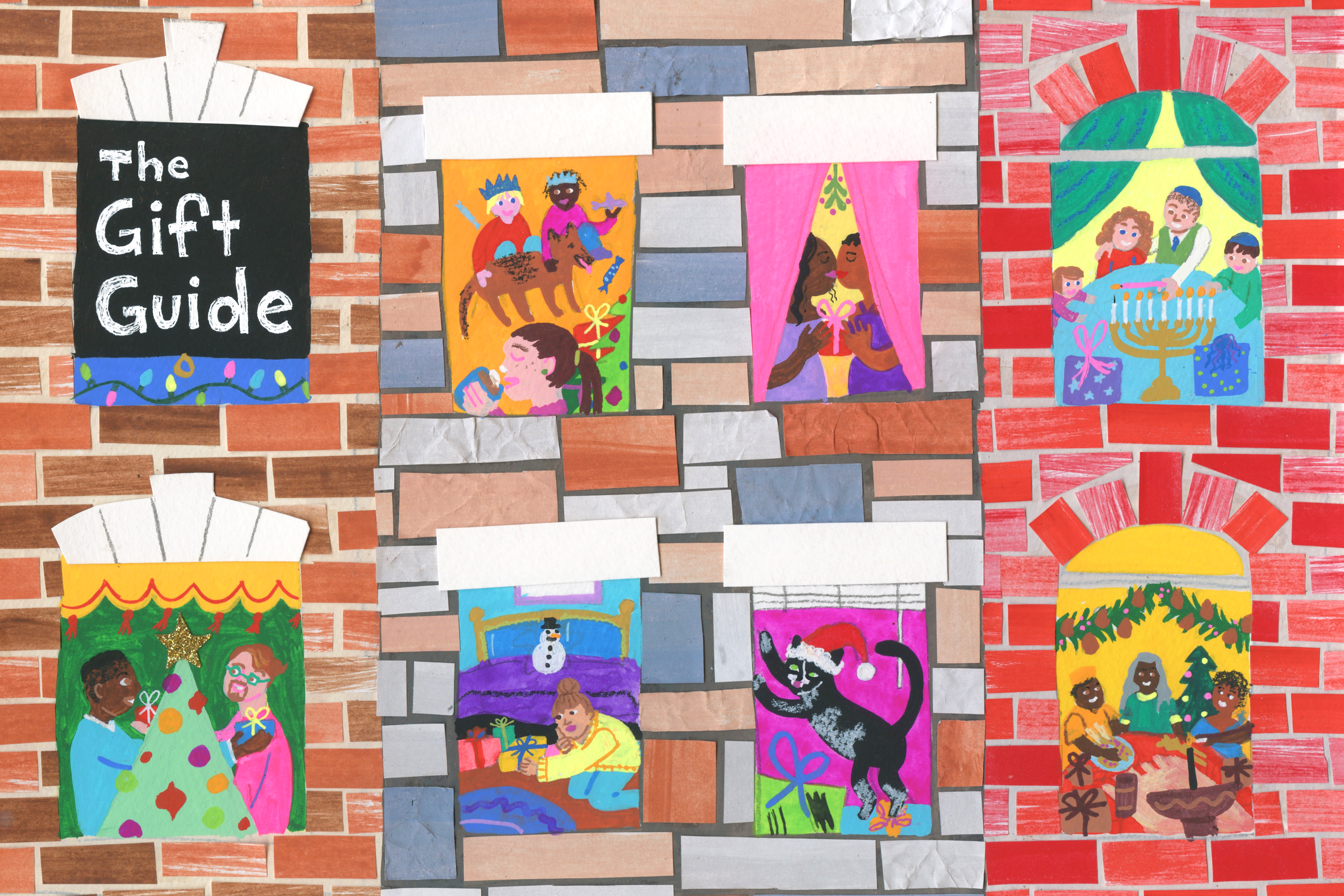 The Baltimore Banner gift guide illustration. A hand-drawn illustration of colorful brick building walls, with seven windows through which you can see families having various holiday experiences.
