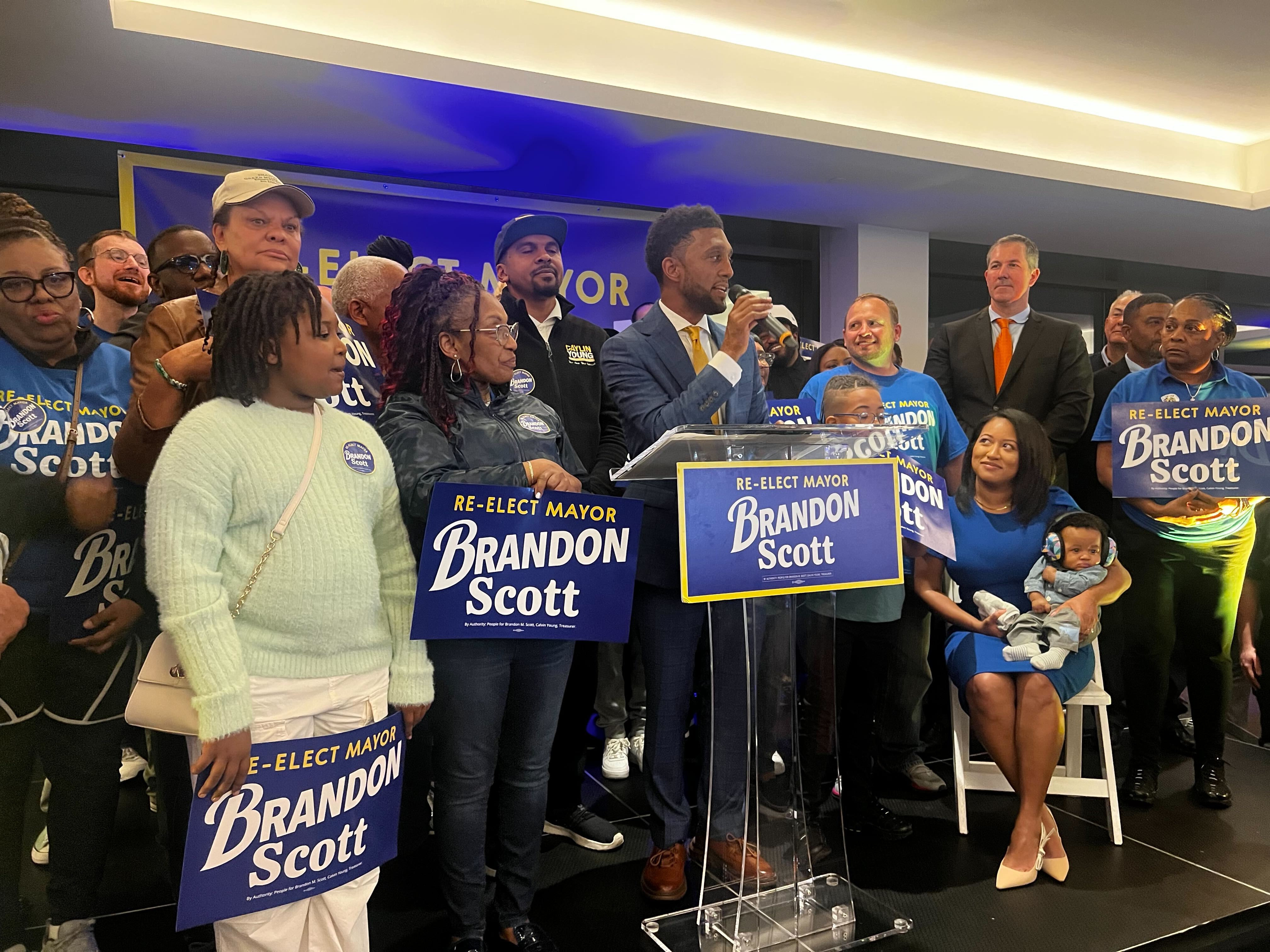 Mayor Brandon Scott addresses crowd after win over Sheila Dixon in primary election.