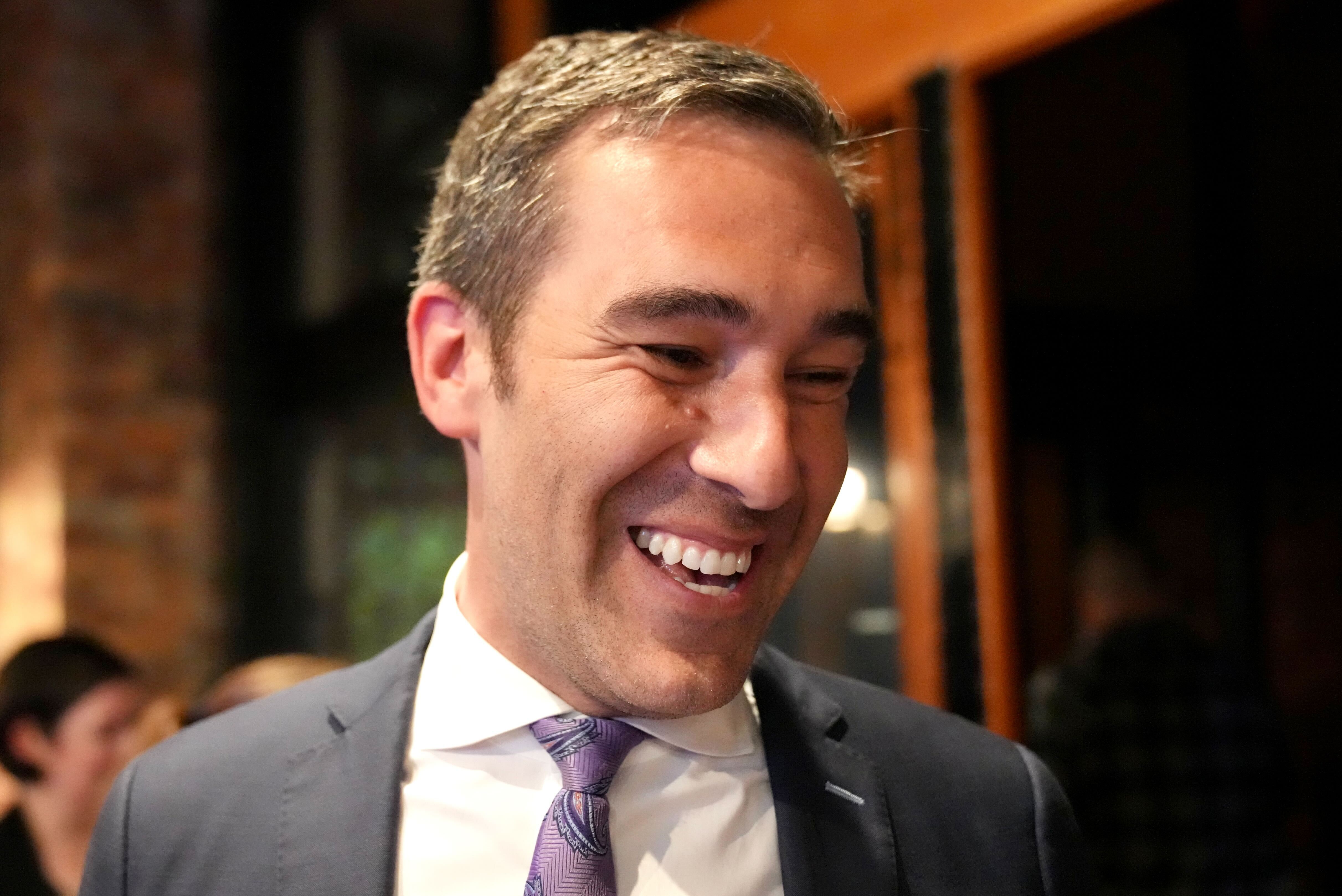 Zeke Cohen is interviewed at his election night party at Darker Than Blue Grille on election night, May 14, 2024. (The Baltimore Banner)