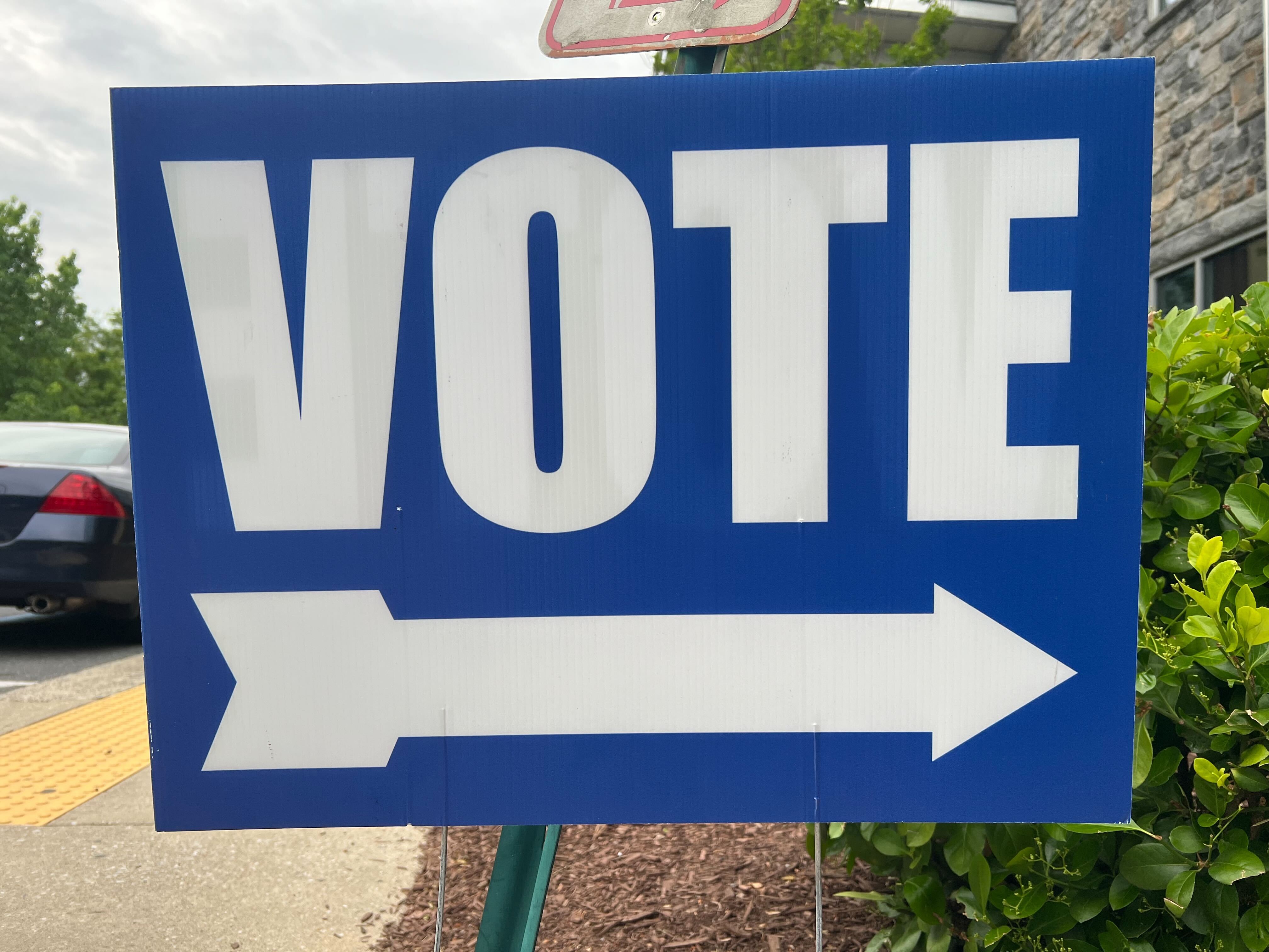 A voting sign at the Roger Carter Community Center in Ellicott City (Jess Nocera/The Baltimore Banner)