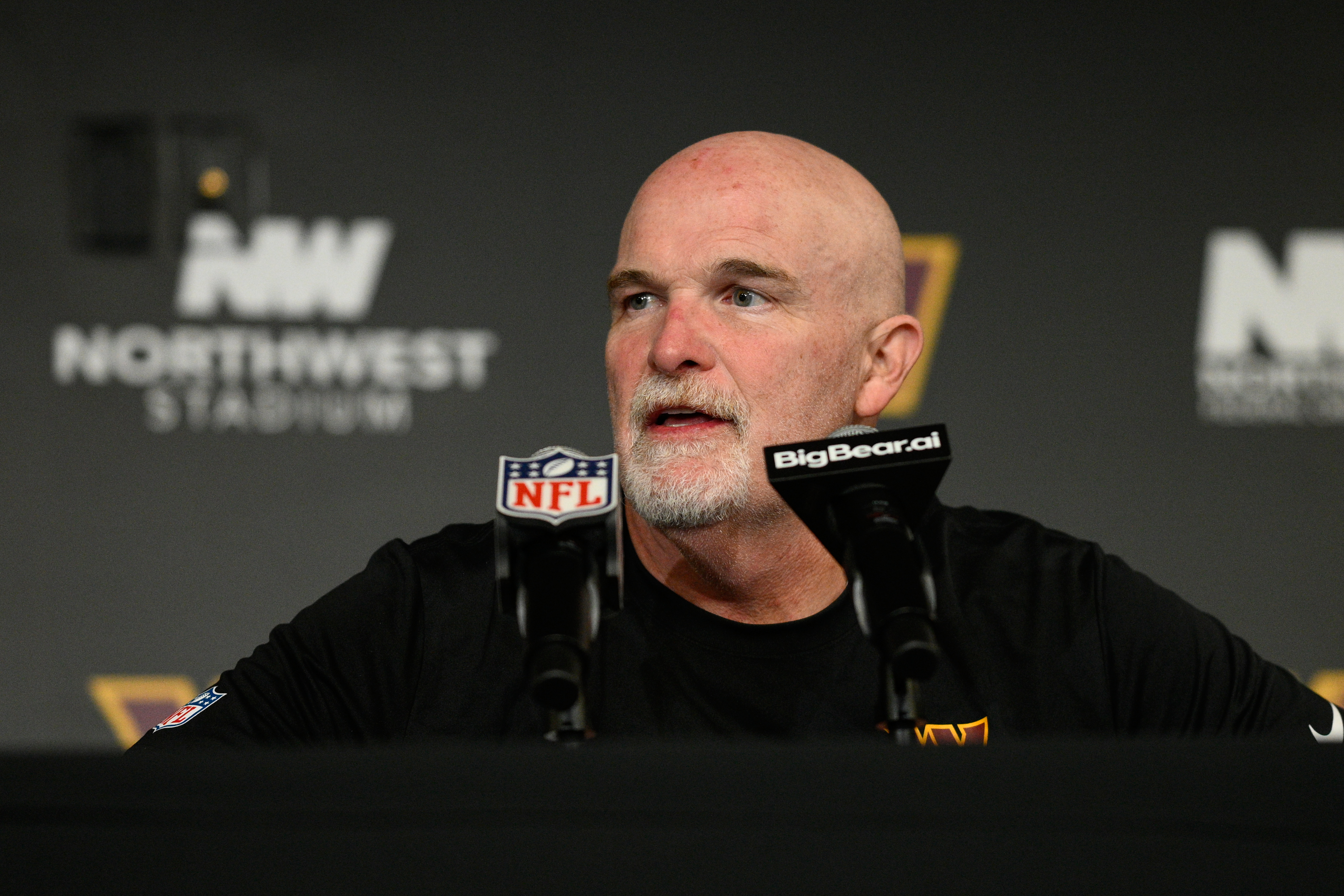 Washington Commanders head coach Dan Quinn speaks during a press conference following his team's tie with the New York Giants on Oct. 11.