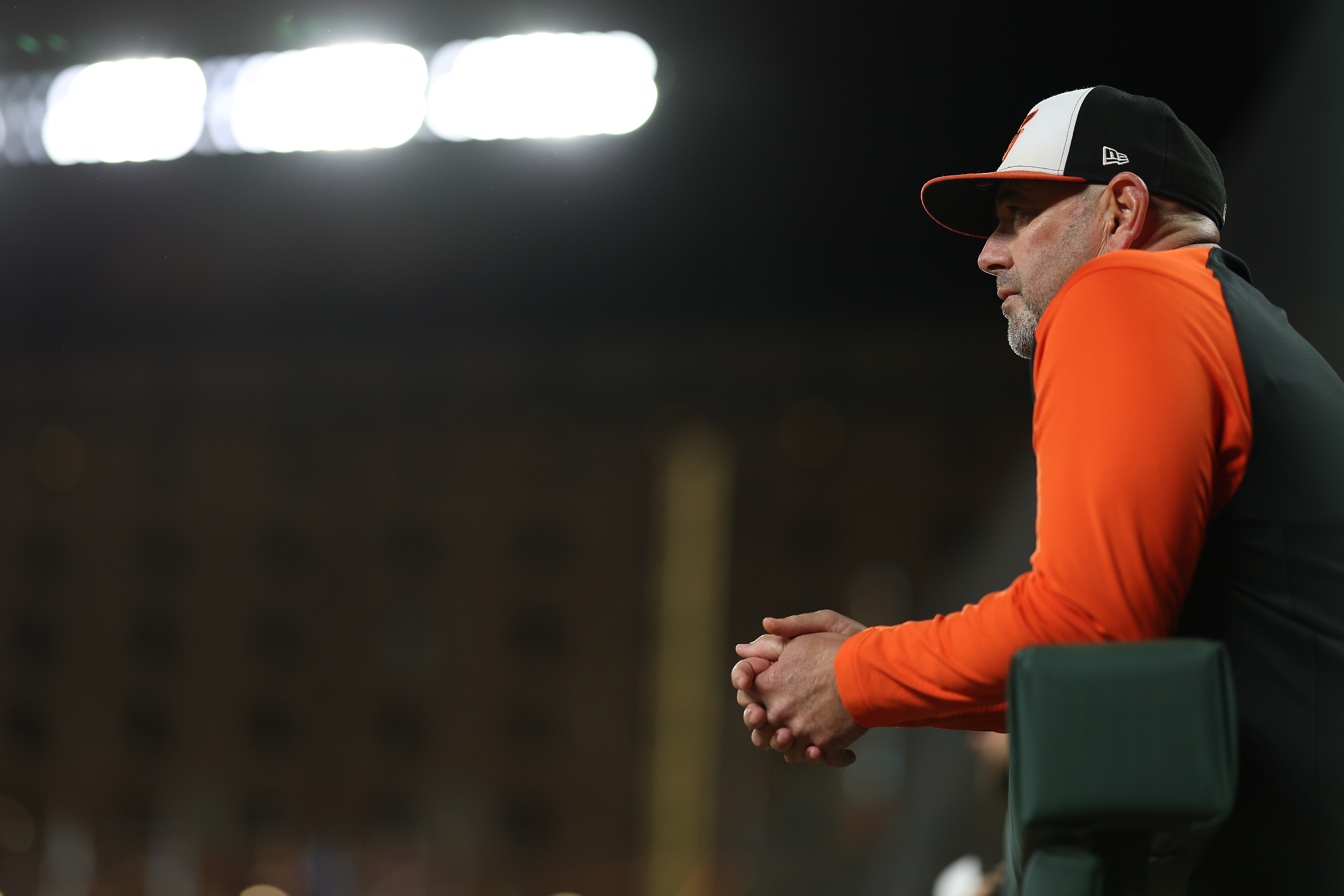 Manager Brandon Hyde of the Baltimore Orioles looks on against the News  Photo - Getty Images