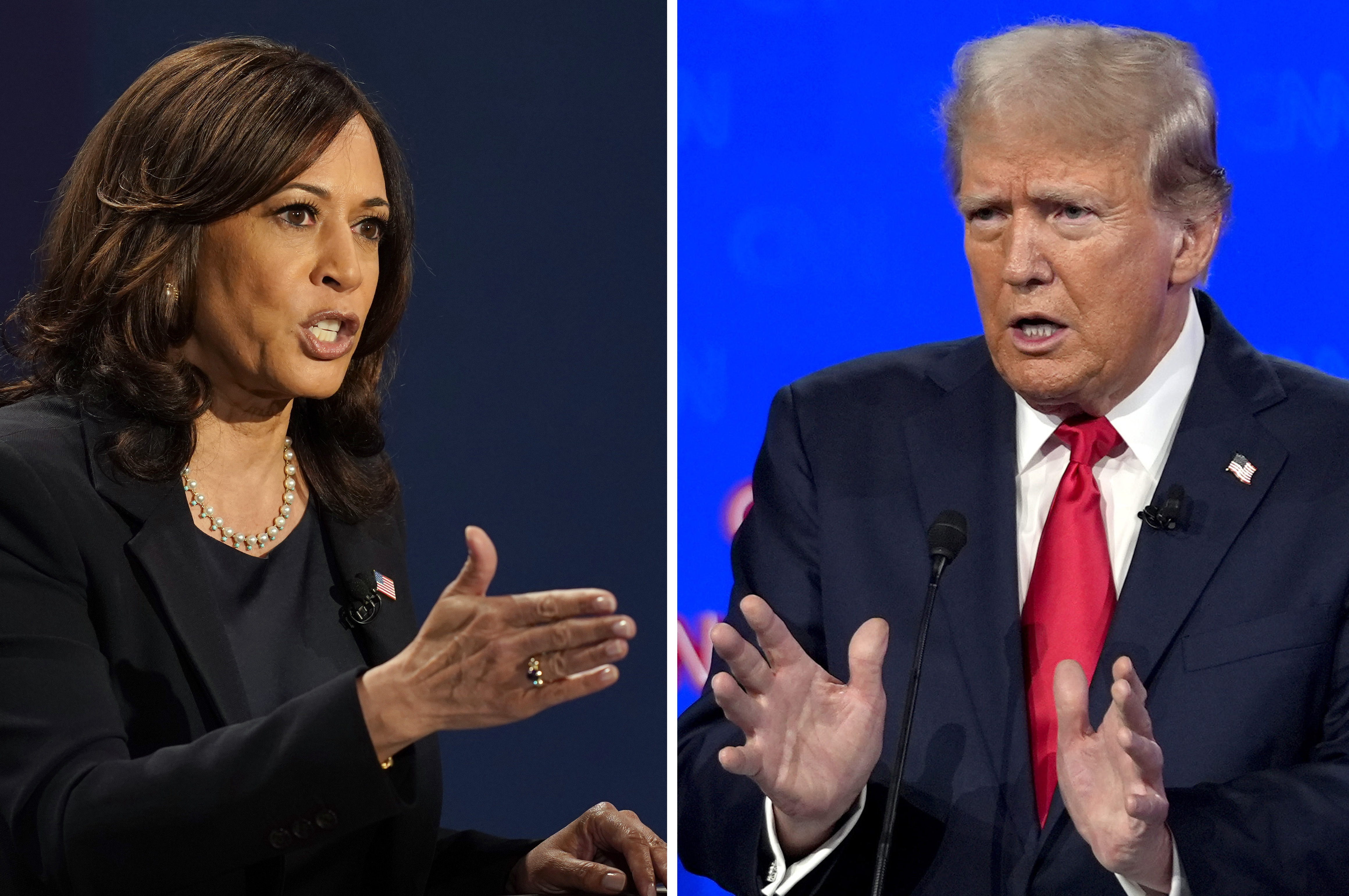 In this combination photo, Democratic vice presidential candidate Sen. Kamala Harris, D-Calif., speaks during a debate, Oct. 7, 2020, in Salt Lake City, left, and Republican presidential candidate former President Donald Trump speaks during a debate, June 27, 2024, in Atlanta.