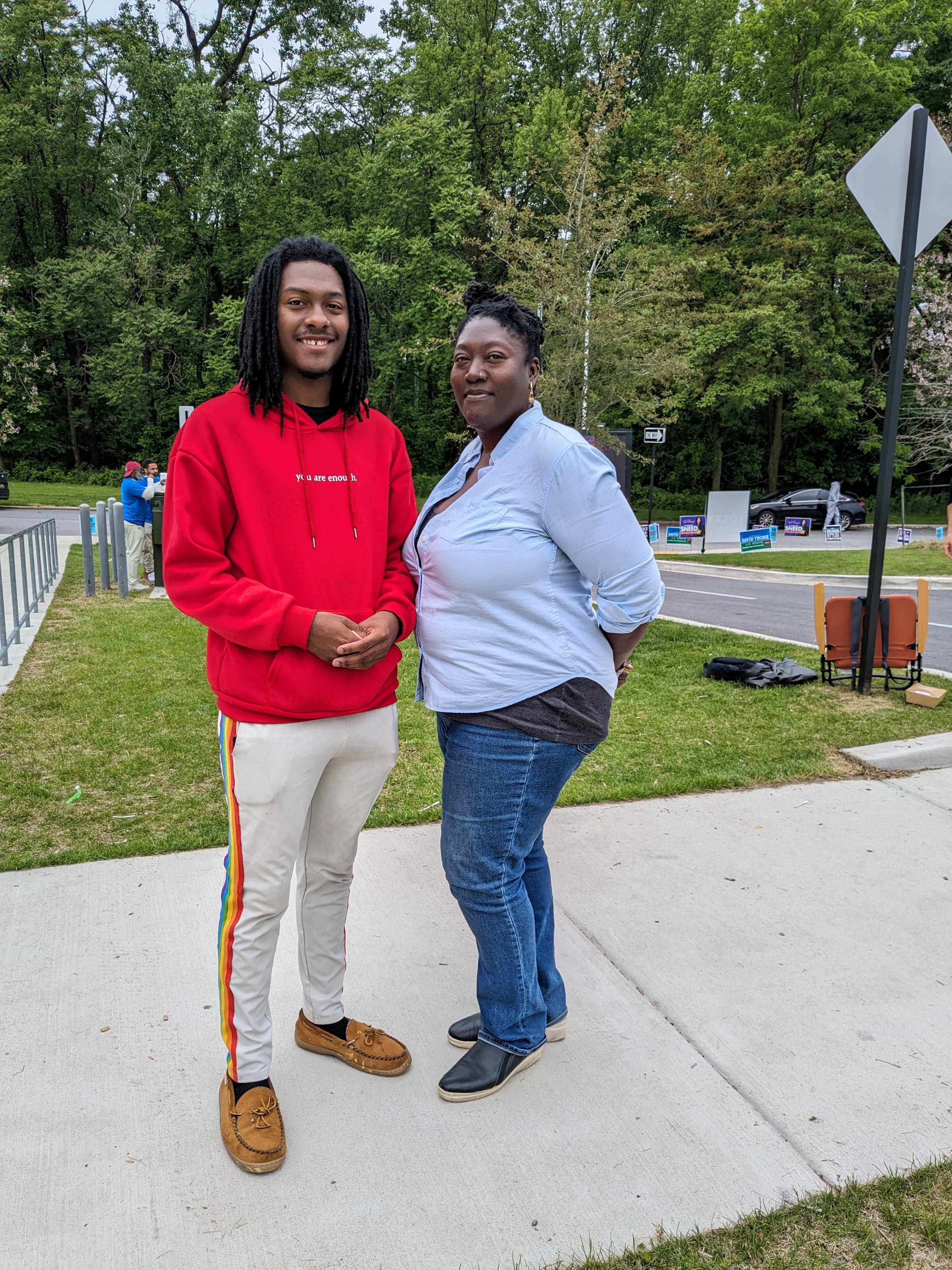 Letta Grant, right, and Ibrahim Pride outside Northwood Elementary School on Tuesday, May 14, 2024. (Giacomo Bologna/The Baltimore Banner)