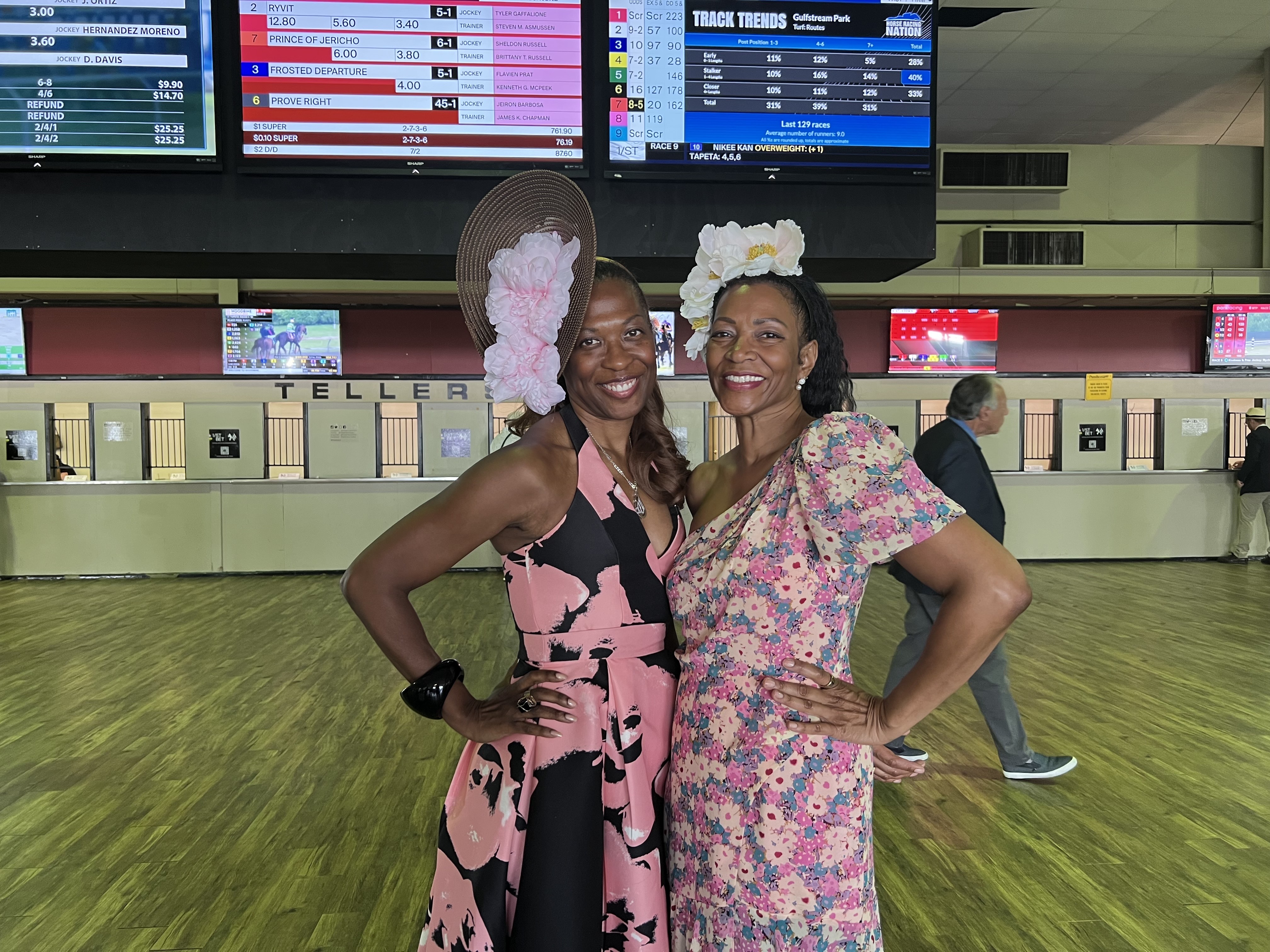 Majorie Harris and Carla Carroll at the 148th Preakness Stakes. (Cadence Quaranta/The Baltimore Banner)