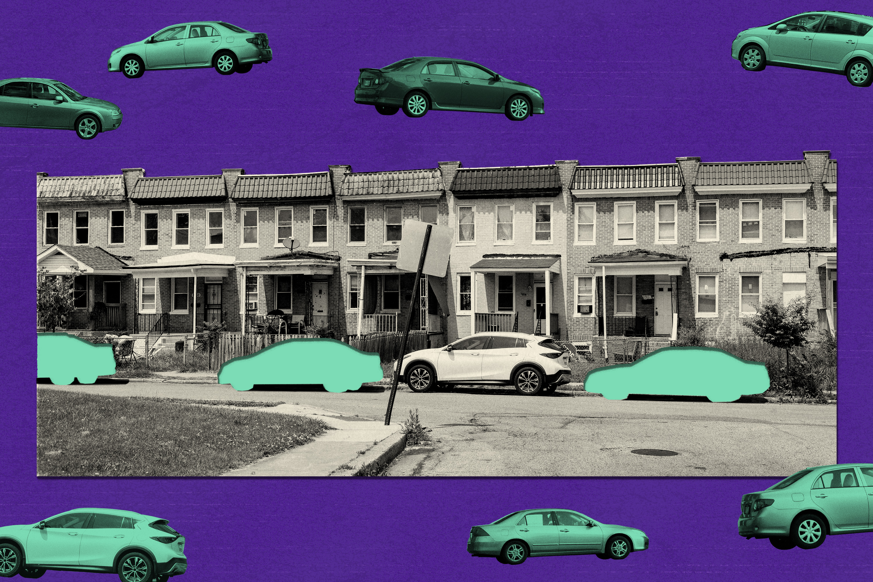 Photo illustration of block of Baltimore City row houses against dark purple background, with one parked car in front and three other parked cars cut out of image to show bright teal behind. Isolated teal-colored cars randomly scattered above and below the photo of the row houses.