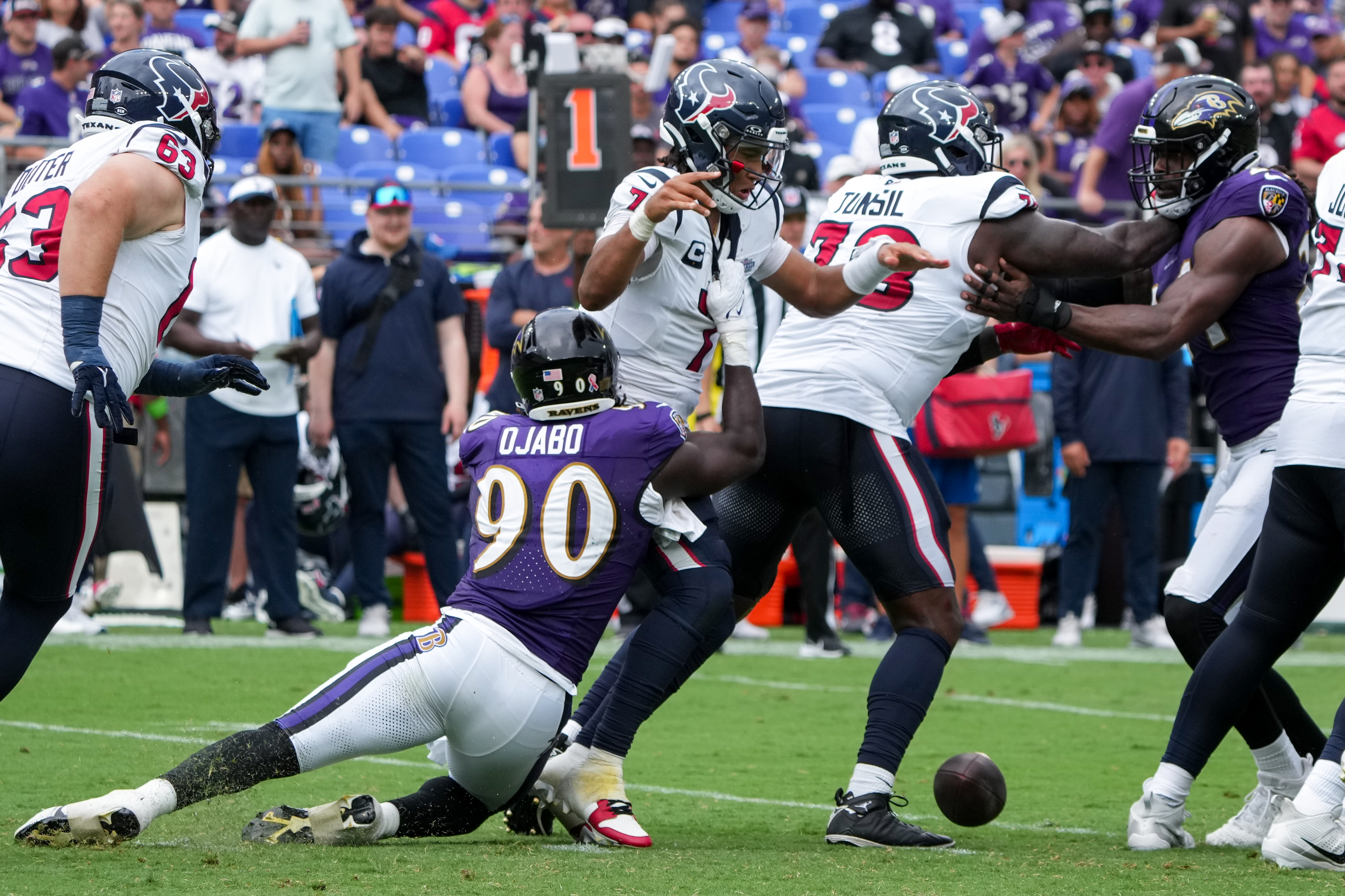 Baltimore Ravens linebacker David Ojabo (90) is introduced before