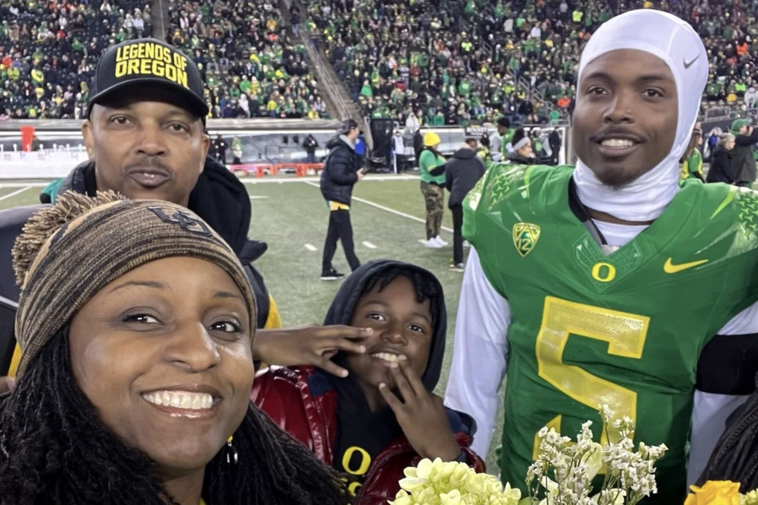 Khyree Jackson, right, with his father, Raymond Jackson, mother, Ebbony Jackson, and brother, Kolston. Khyree was killed in a July 2024 vehicle collision in Upper Marlboro months after being drafted by the Minnesota Vikings in the NFL Draft.
