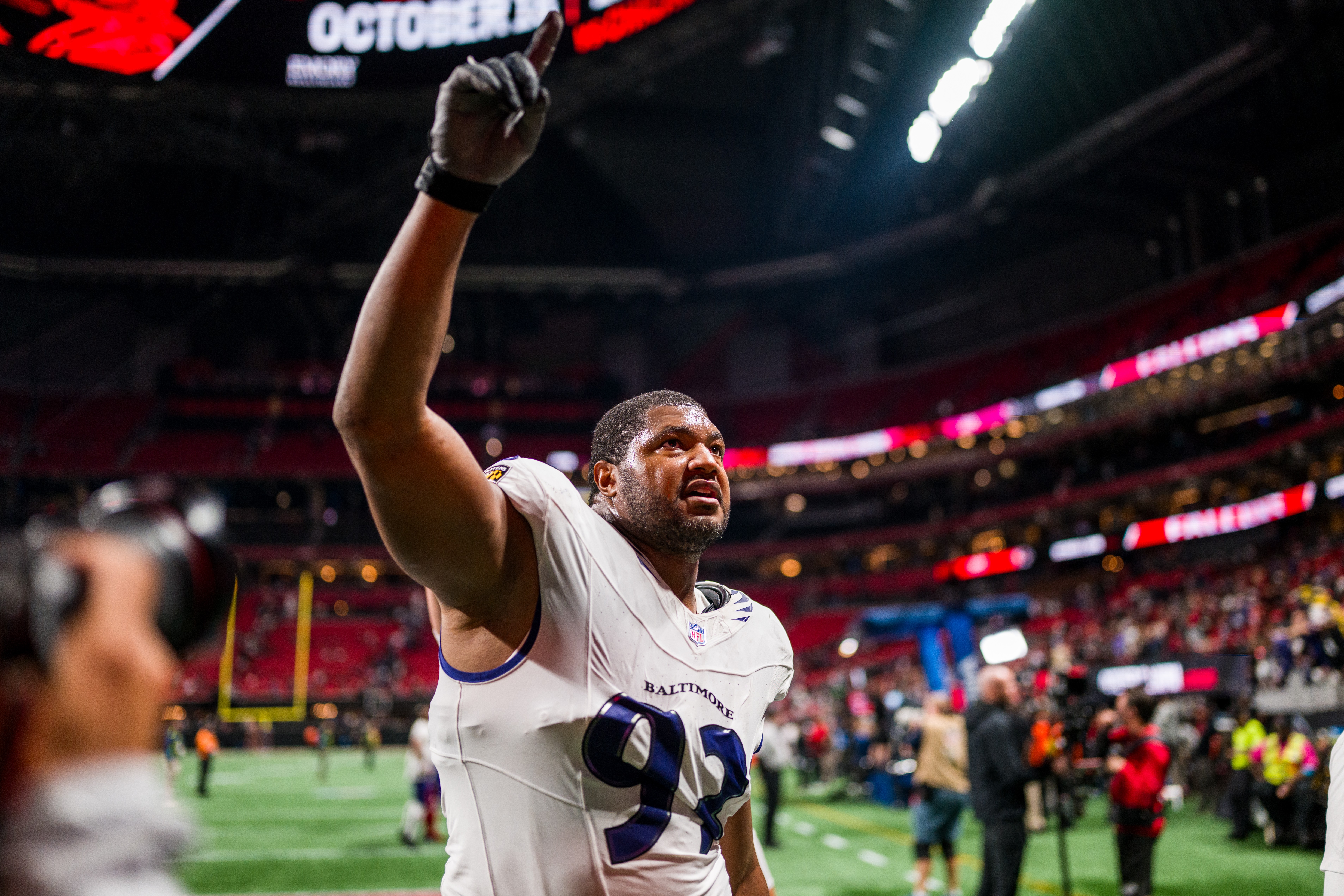 Baltimore Ravens defensive end Calais Campbell (93) walks off the field after an NFL football game against the Atlanta Falcons