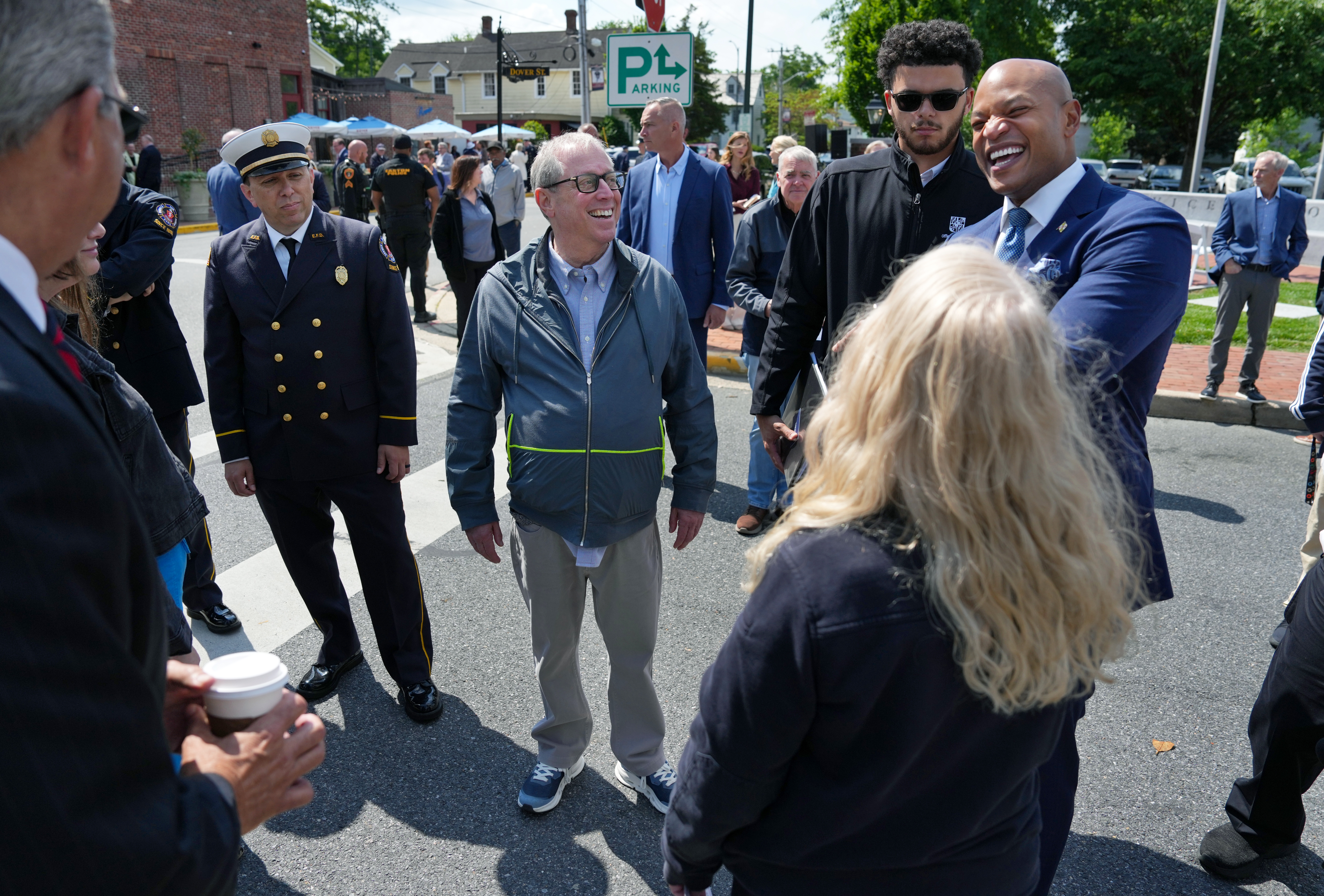 TeraWulf CEO Paul Prager shares a joke with Gov. Wes Moore as more greets attendees after delivering the keynote speech during the 6th Annual First Responder’s Celebration in downtown Easton, MD, U.S.