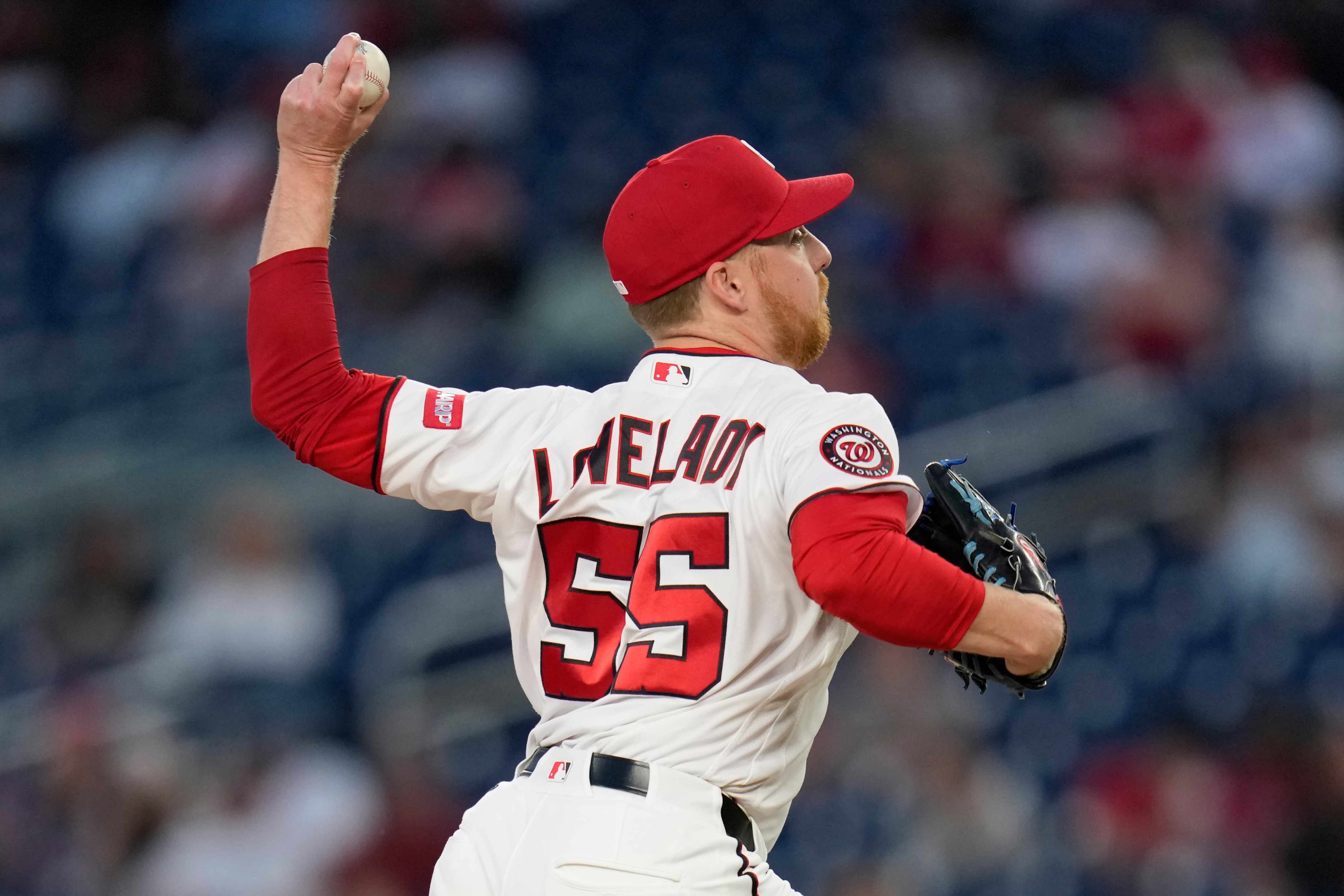 Washington Nationals pitcher Richard Lovelady throws to the Miami Marlins during the sixth inning.