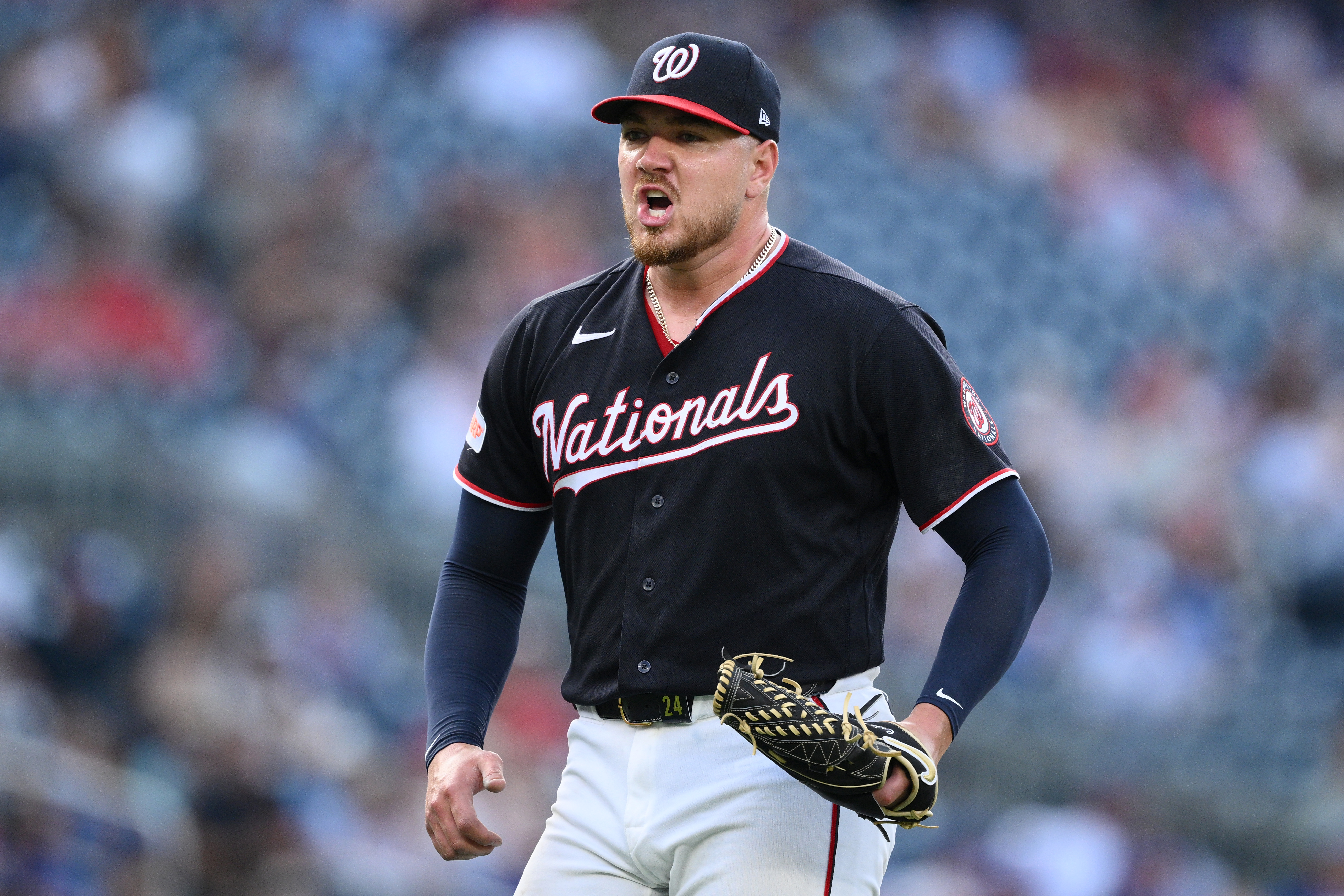 Washington Nationals pitcher Cade Cavalli reacts after the top of the eighth inning of a baseball game against the Chicago Cubs, Thursday, Aug. 13, 2026, in Washington. (AP Photo/Nick Wass)