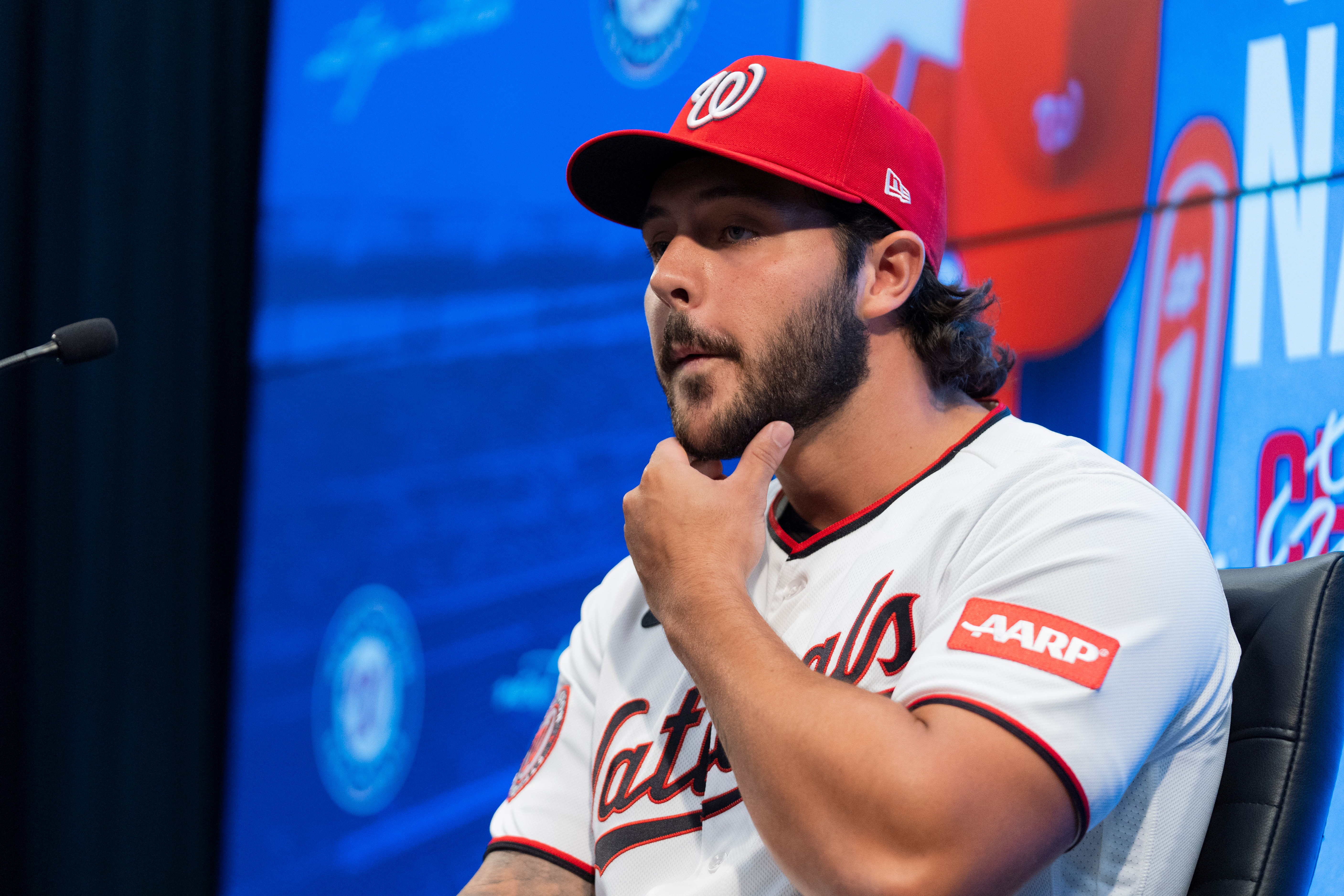 Washington Nationals first-round draft pick Chris Hacopian speaks as he is introduced to the media at an MLB baseball news conference in Washington, Friday, July 24, 2026. (AP Photo/Manuel Balce Ceneta)