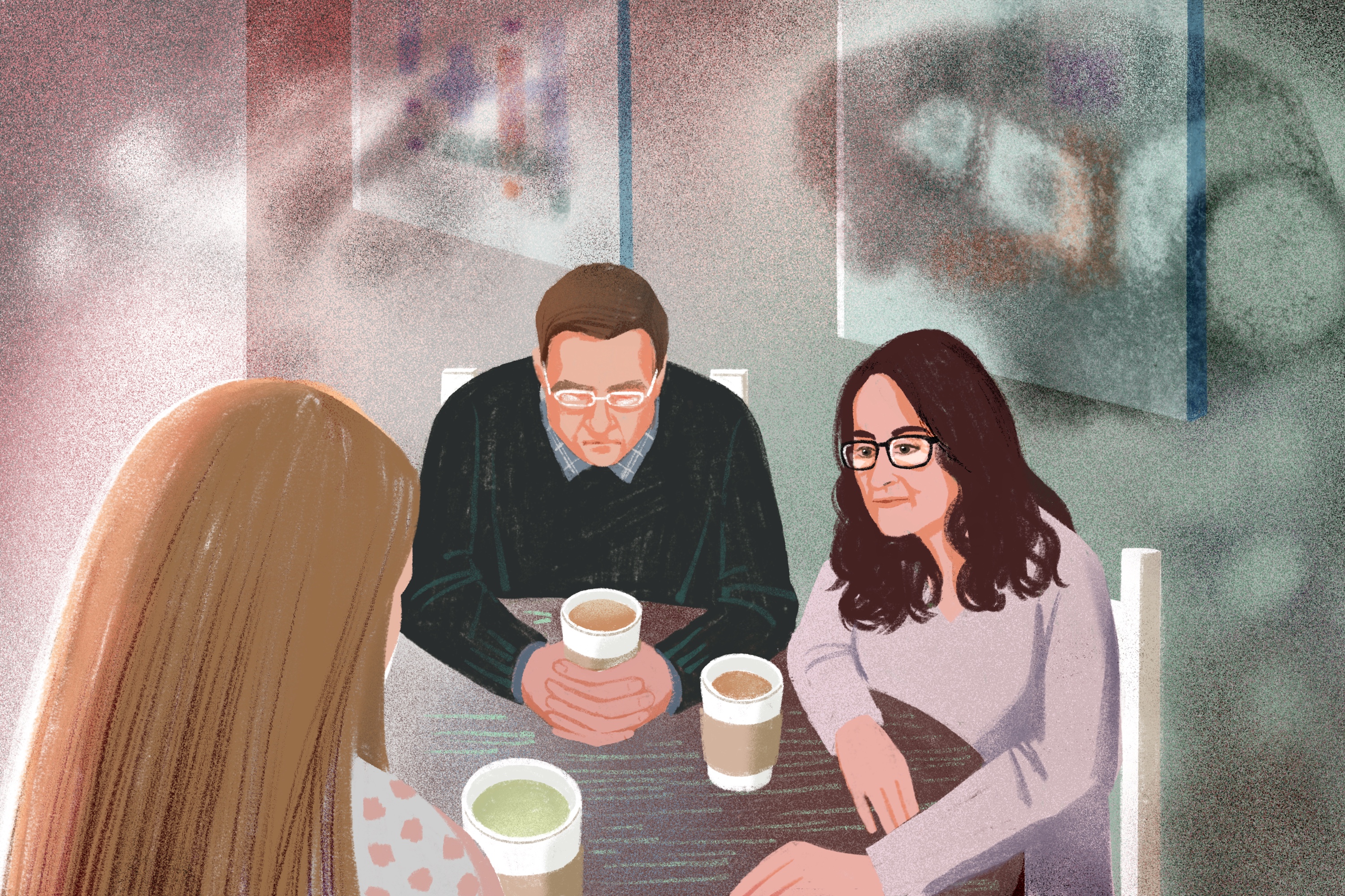 Illustration of two women and one man sitting at a table with disposable coffee cups in front of them. We see the back of one woman's head and the other woman leans forward to hold her hand. A hazy image of a Jeep floats in the background.