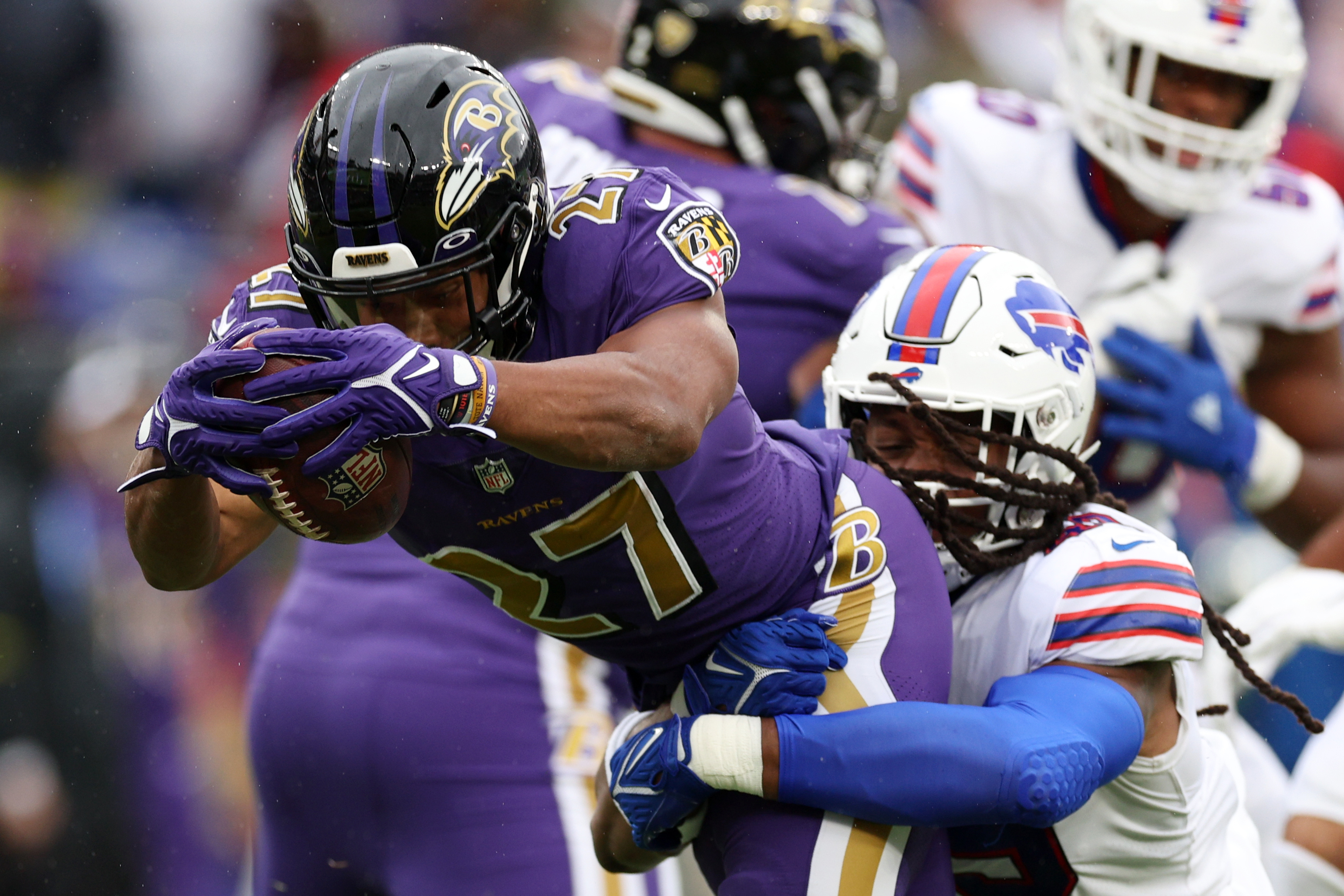 BALTIMORE, MD - OCTOBER 02: Baltimore Ravens running back J.K. Dobbins (27)  runs the ball for a touchdown during the Buffalo Bills versus Baltimore  Ravens NFL game at M&T Bank Stadium on