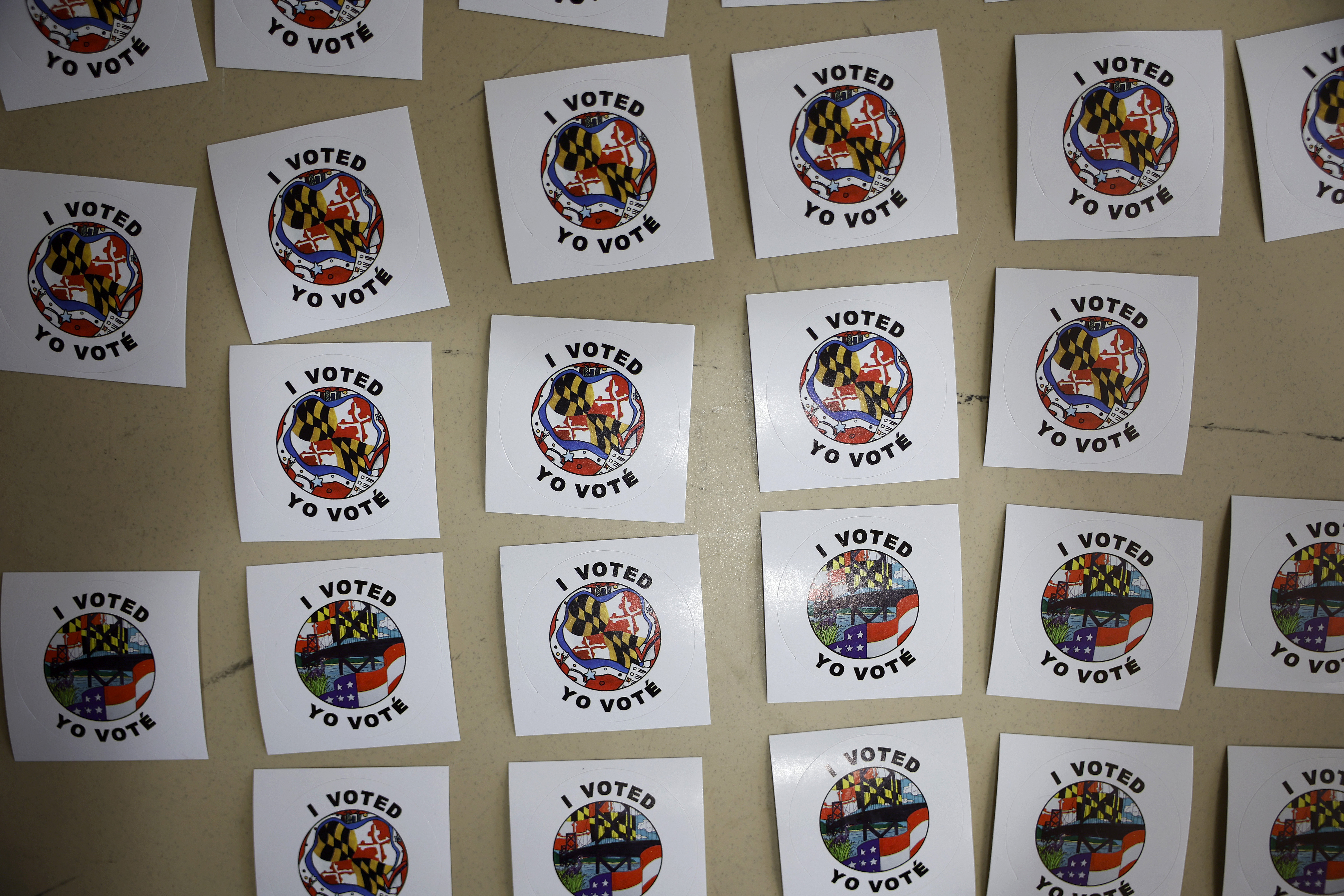 "I Voted" stickers are lined up for voters after they cast their ballots at the early voting location at White Oak Community Recreation Center.