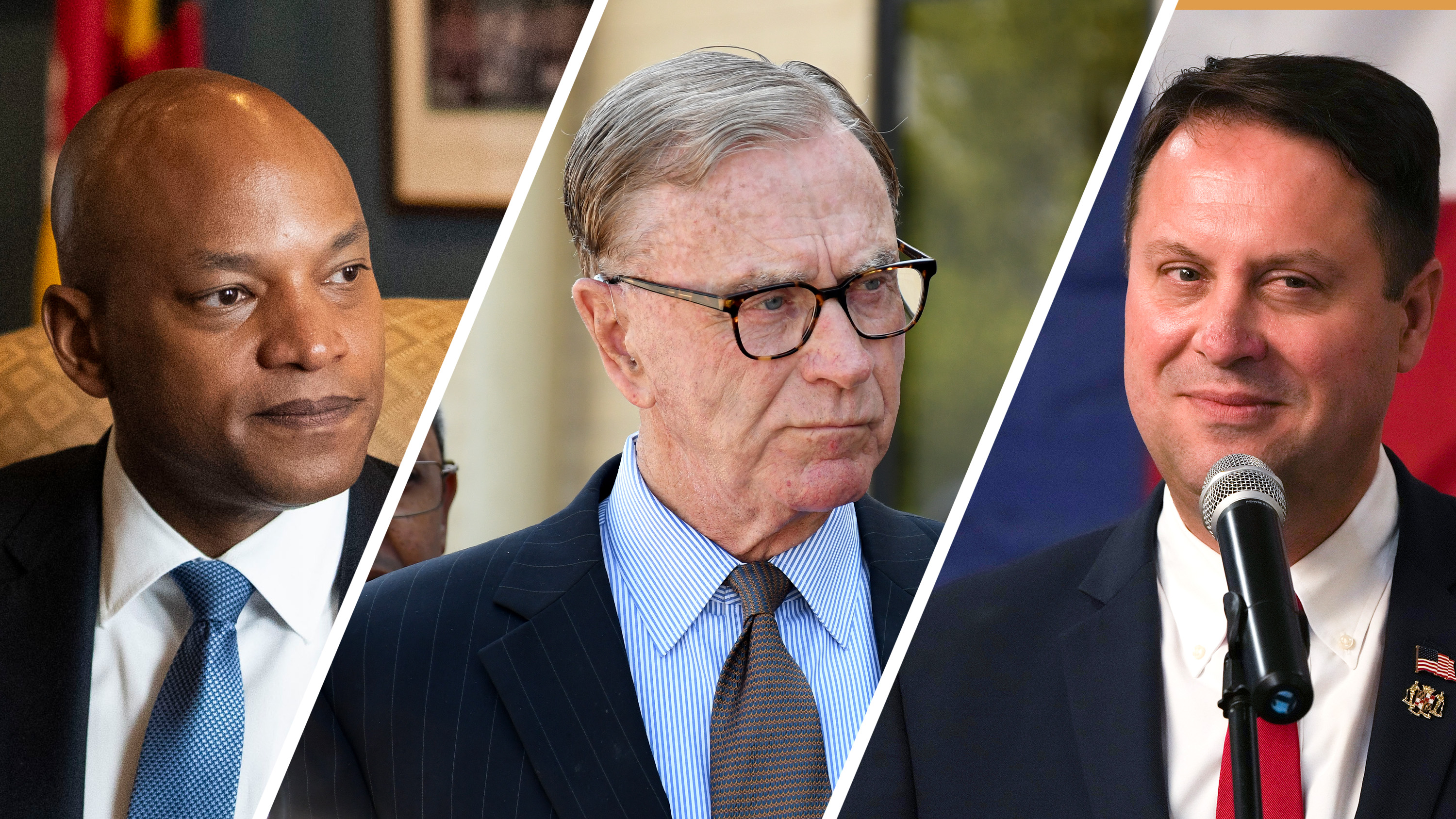From left, Democratic candidate Gov. Wes Moore, and Republican candidates Ed Hale Sr. and Dan Cox.
