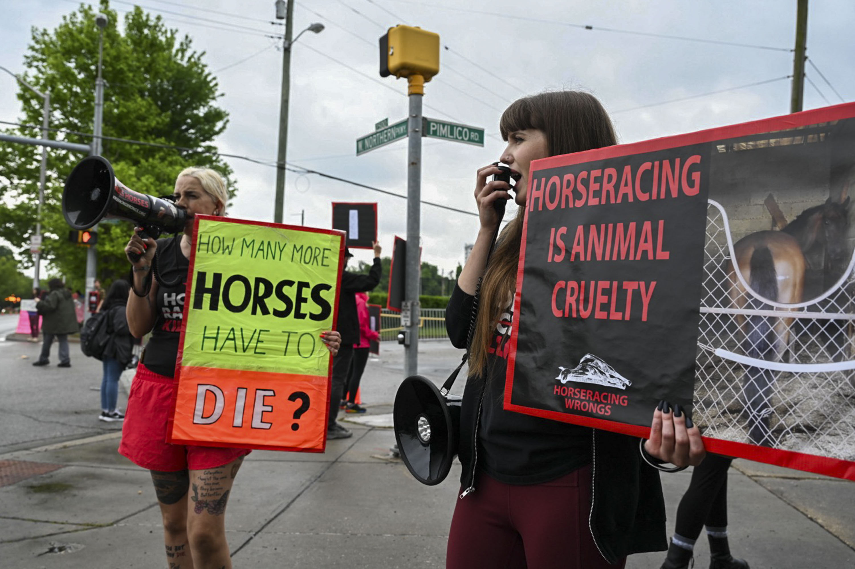 A protest was held outside of Pimlico Race Course during the 149th Preakness Stakes. (Eric Thompson/For The Baltimore Banner)