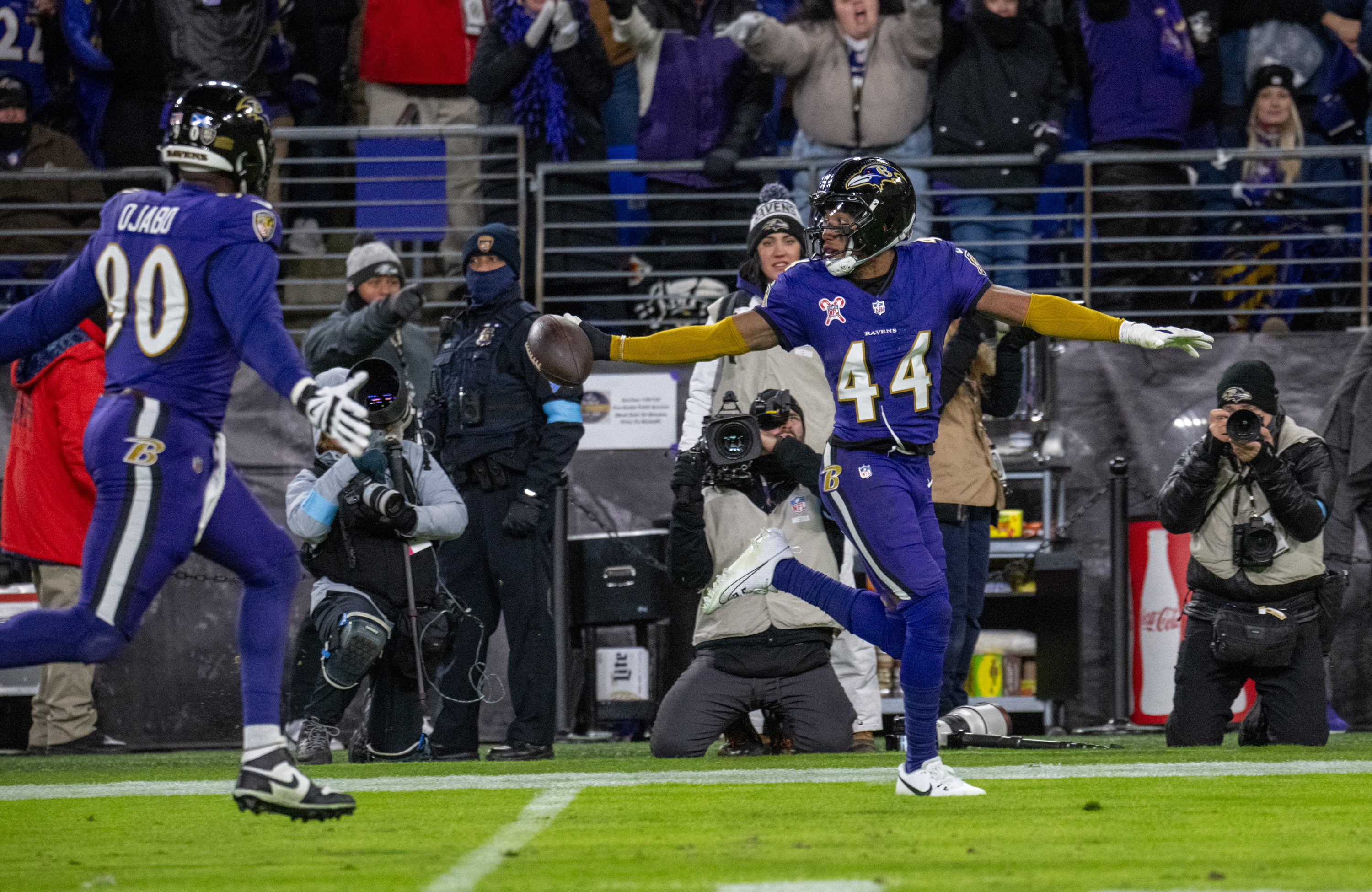 Baltimore Ravens cornerback Marlon Humphrey (44) taunts a pursuing Steeler as he runs an interception for a touchdown in the 4th quarter. The Baltimore Ravens defeated the Pittsburgh Steelers 34-17 at M&T Bank Stadium on December 21, 2024.