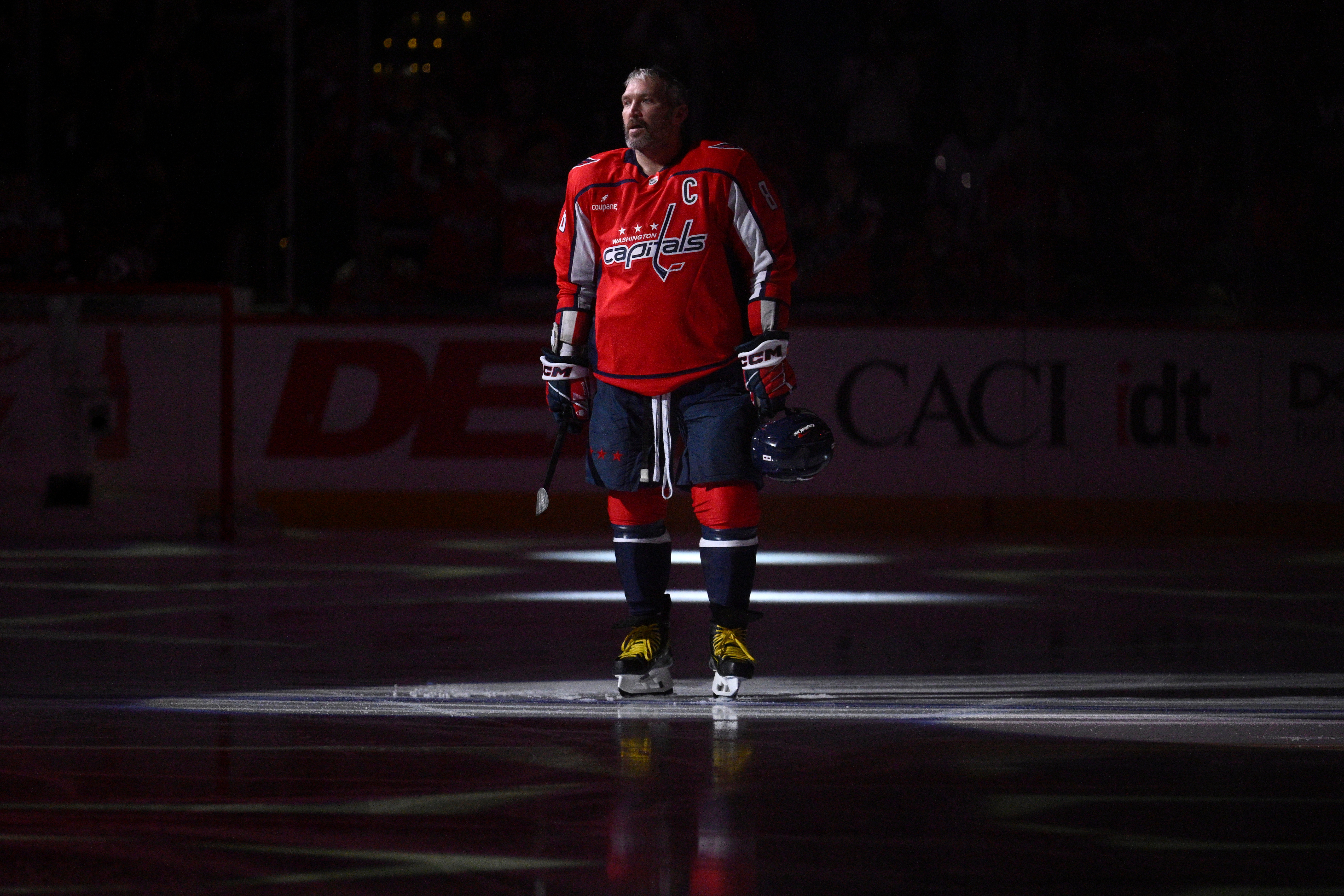 Washington Capitals left wing Alex Ovechkin stands on the ice before a game against the Pittsburgh Penguins on April 12.