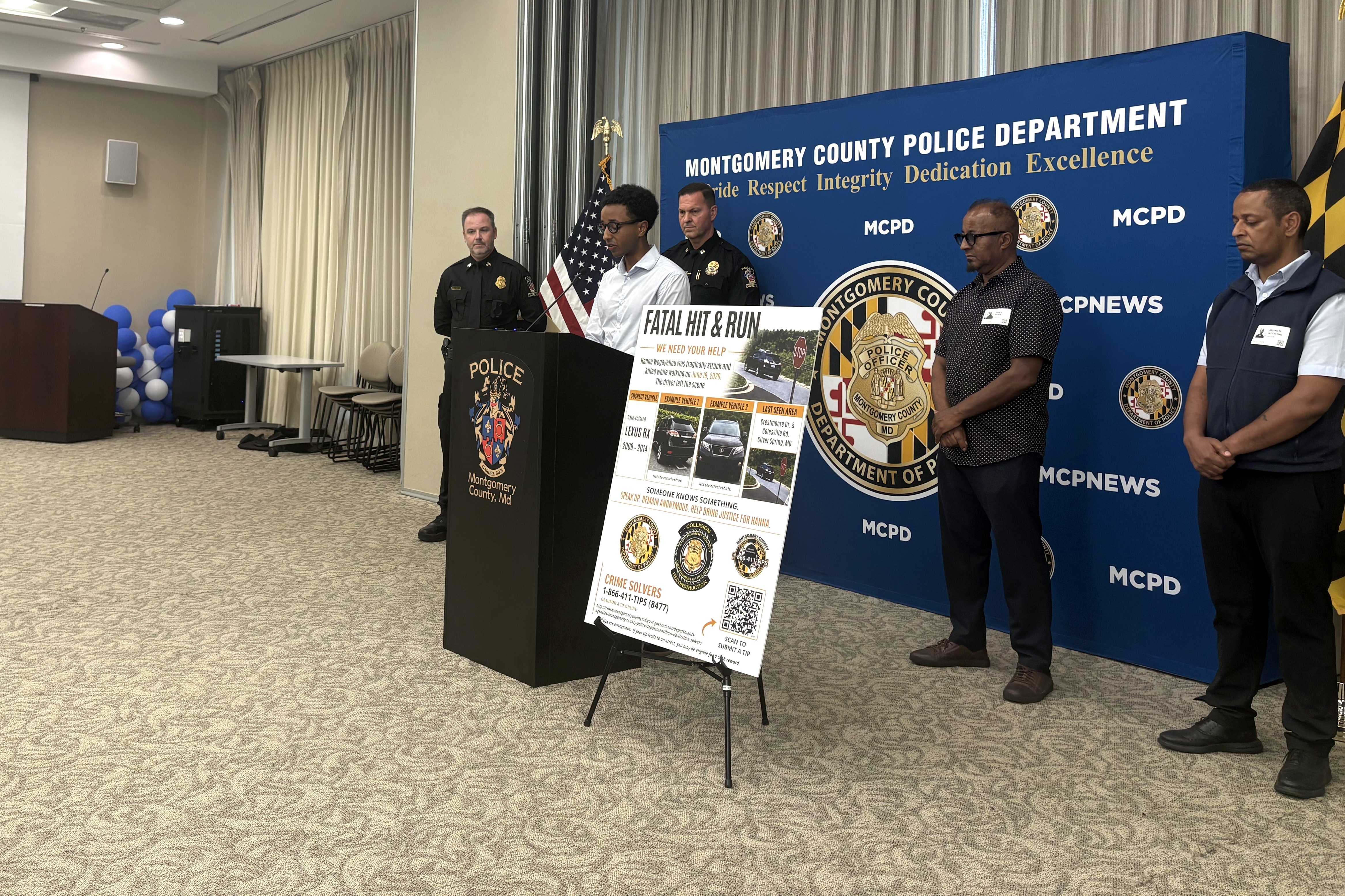 JULY 21, 2026 - Montgomery County Police are asking for the public's help identifying a hit-and-run driver who fled the scene of a fatal crash involving a pedestrian in Silver Spring last month. Nate Tinbite speaks about his mother, Hanna Wegayehou, 61, who was killed in the crash at a presser on Tuesday.