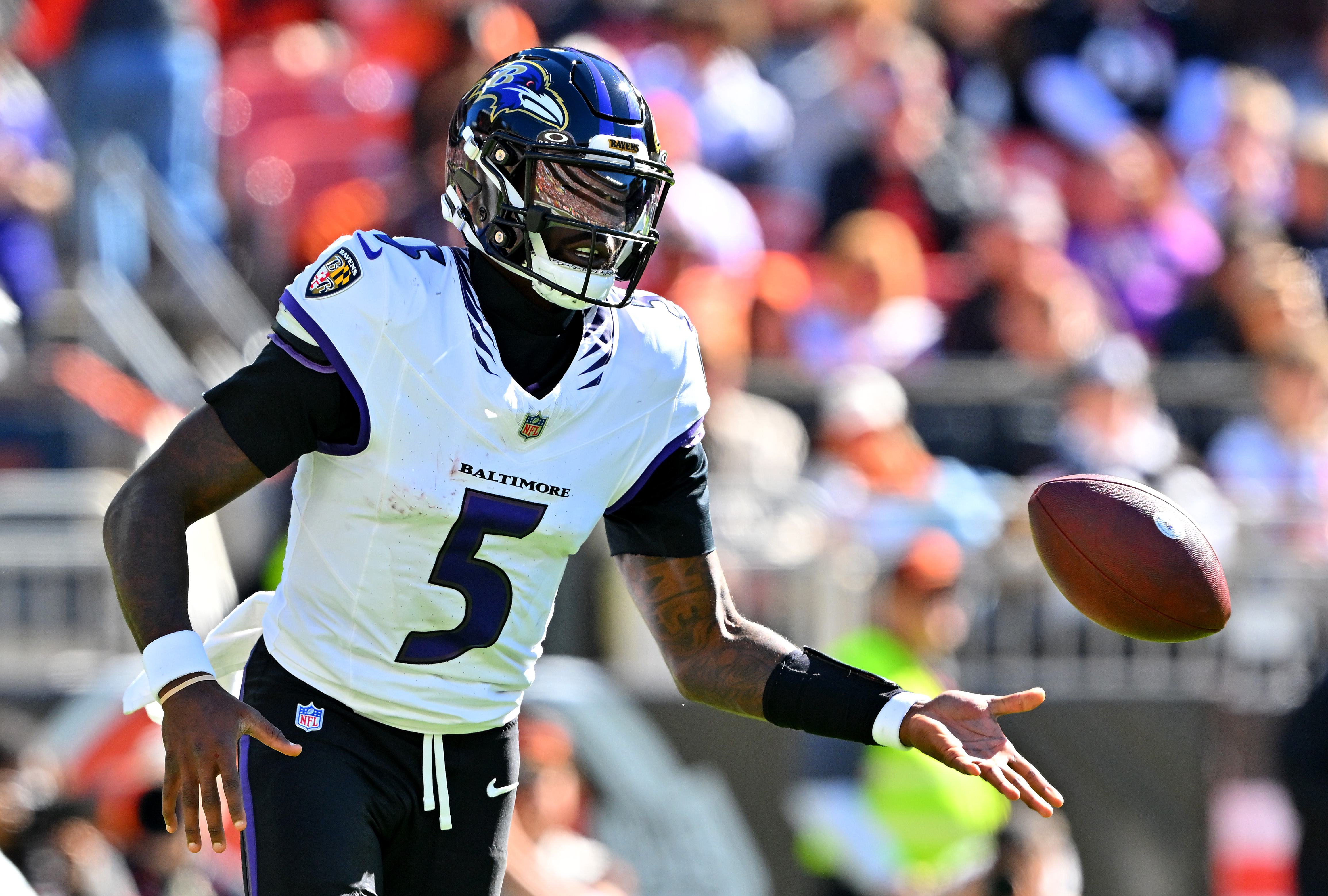 CLEVELAND, OHIO - OCTOBER 18: Tyler Huntley #5 of the Baltimore Ravens flicks the ball against the Cleveland Browns during the second quarter of the game at Huntington Bank Field on October 18, 2026 in Cleveland, Ohio. (Photo by Jason Miller/Getty Images)