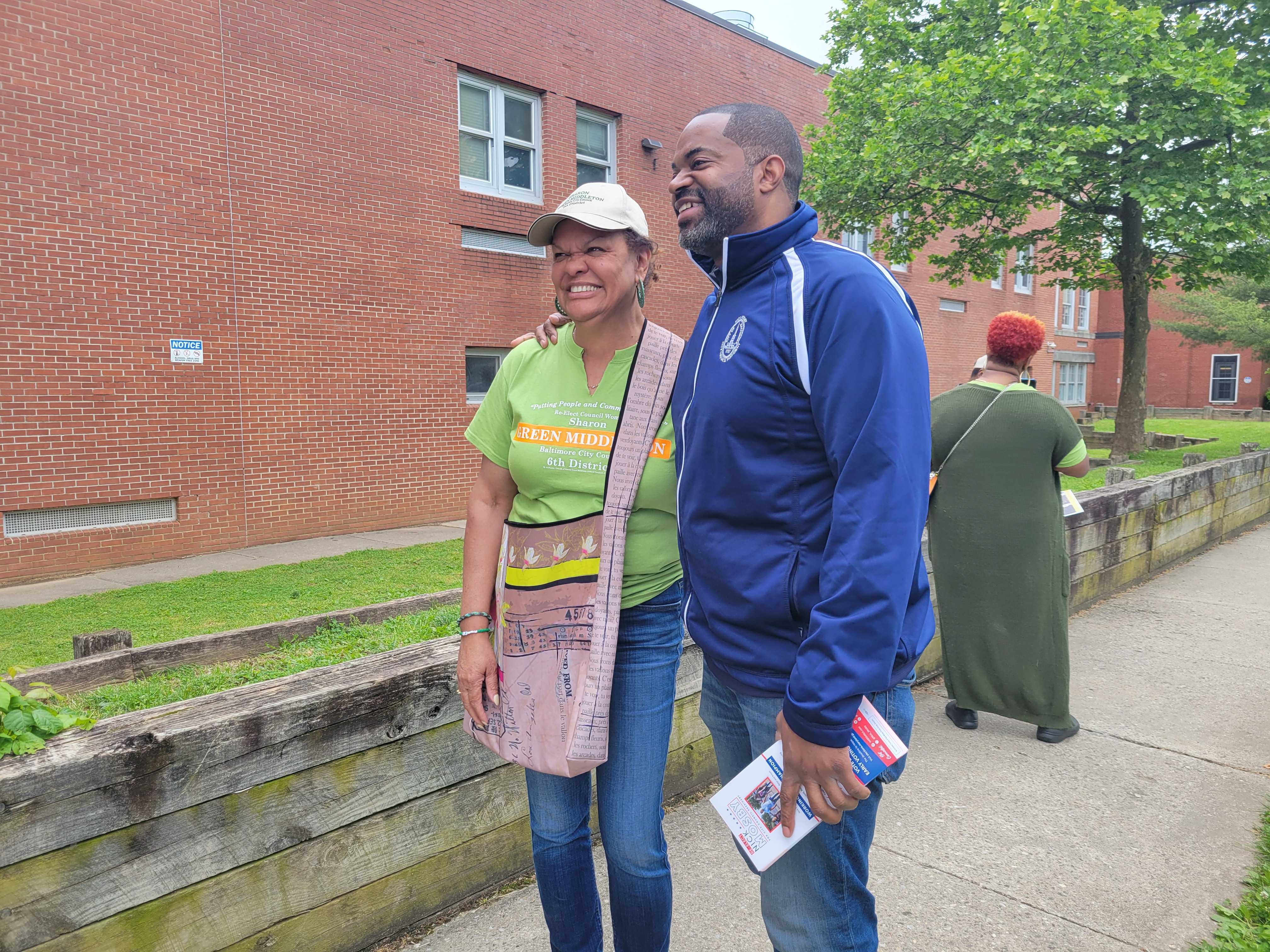 Baltimore City Council President Nick Mosby and Vice President Sharon Green Middleton at Liberty Elementary School. (Kristen Griffith/The Baltimore Banner)