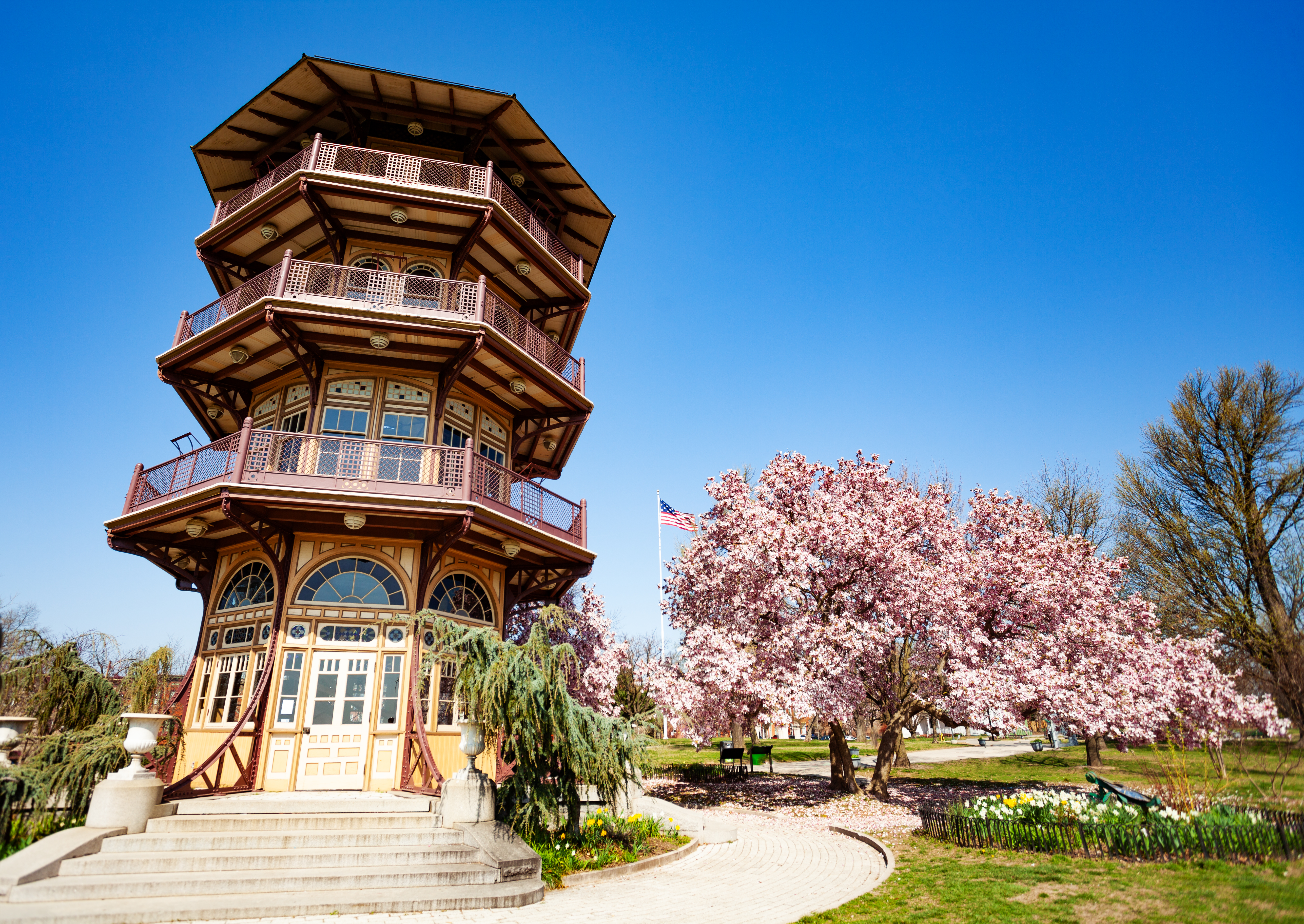 Pagoda-style Observatory in Patterson park in spring, Baltimore, USA