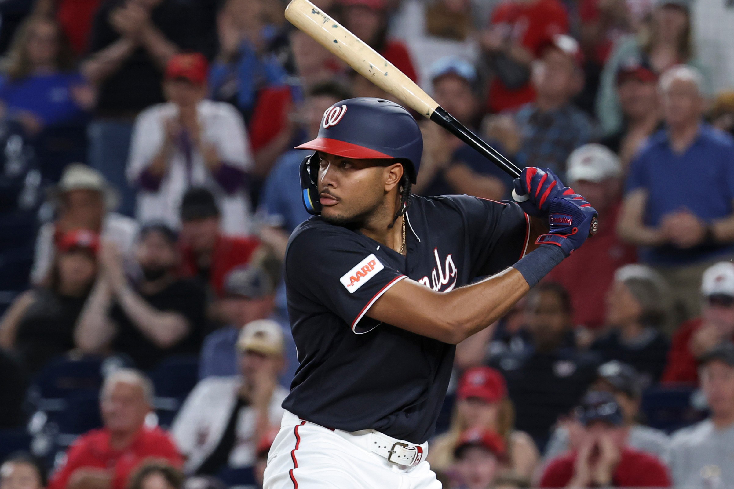 Washington Nationals' James Wood at bat during a baseball game aSan Diego Padres, Friday, May 29, 2026, in Washington.