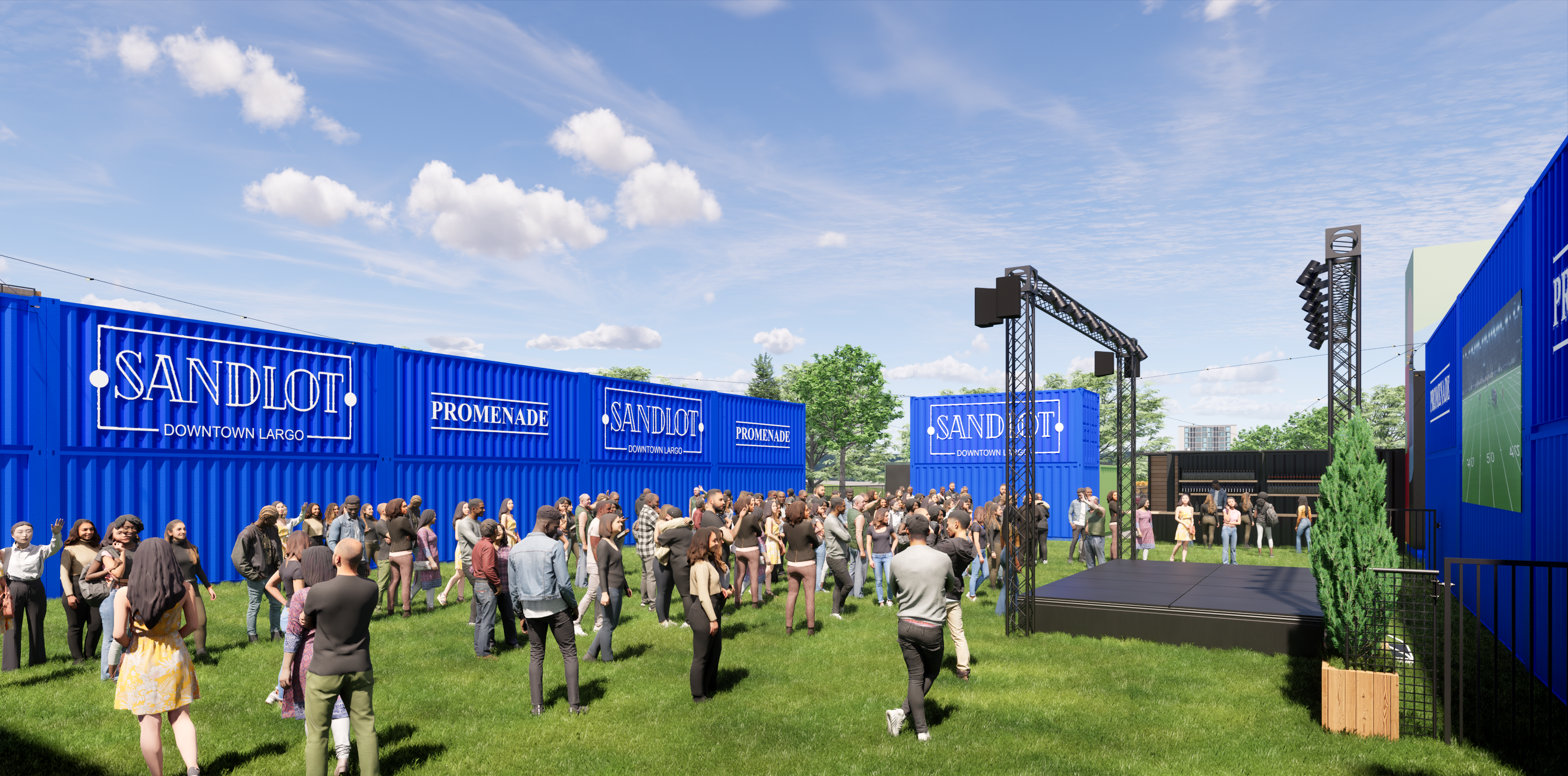 Renderings for Sandlot Largo, a community and events space that began in Washington, D.C., will open at the planned development site of the Promenade at Lottsford.